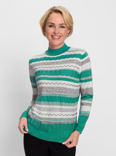 Stehkragenpullover mit Pailletten - smaragd-ecru-gemustert