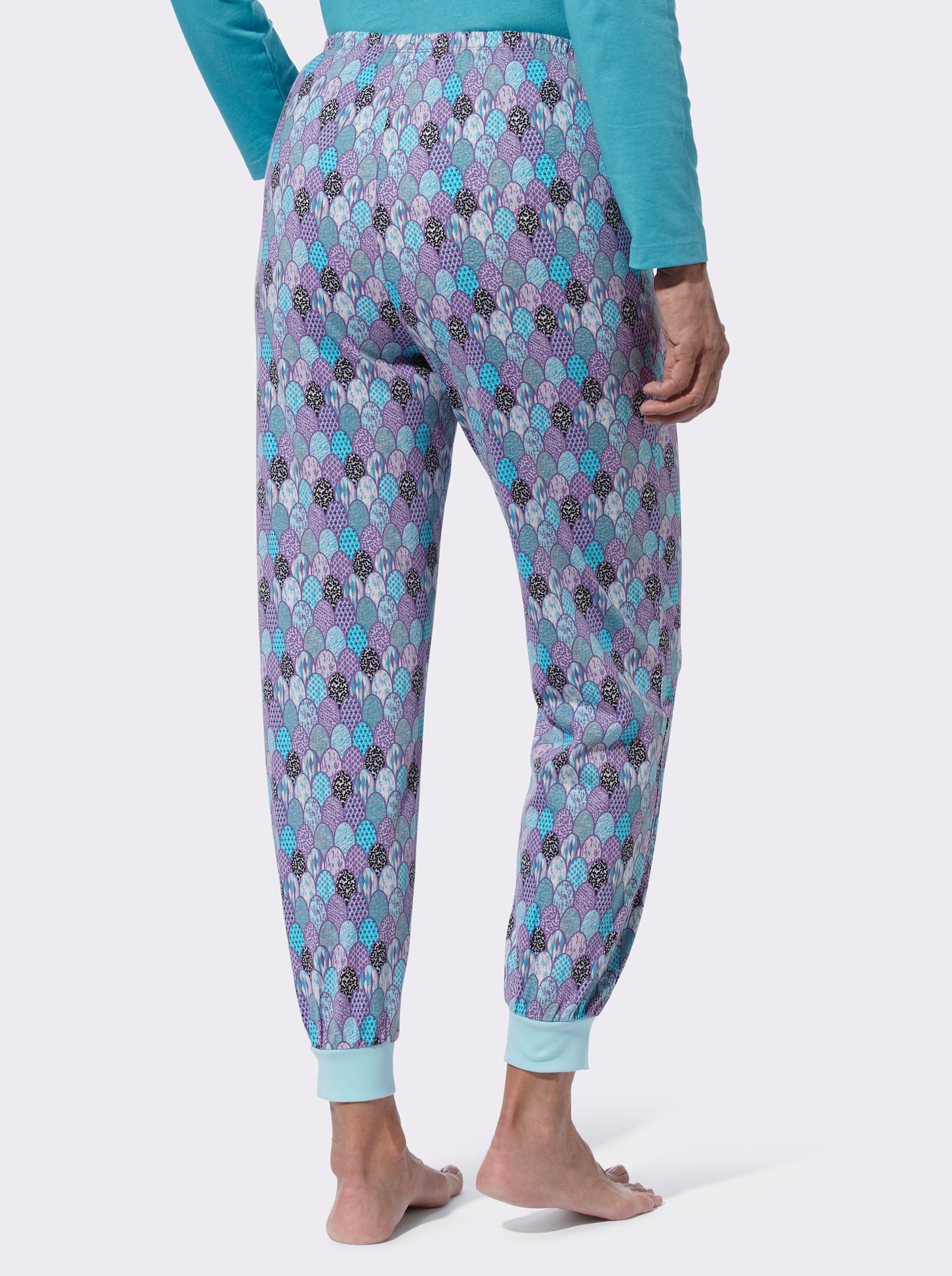 Schlafanzughose mit einfarbigen Bündchen - aquamarin-bedruckt