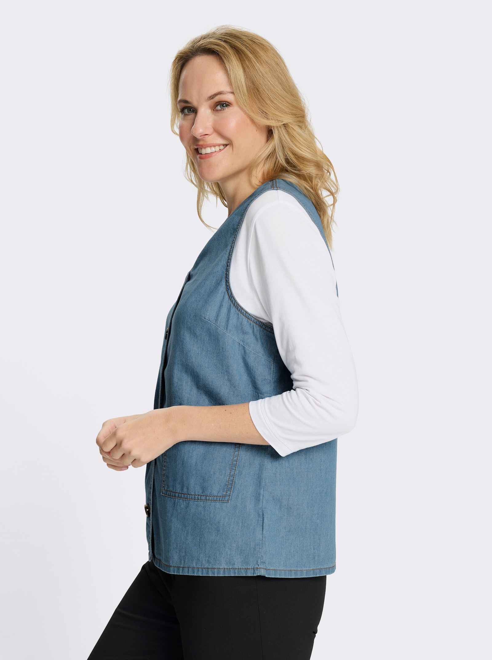 Jeansweste mit Knöpfen in Horn-Optik - blue-bleached