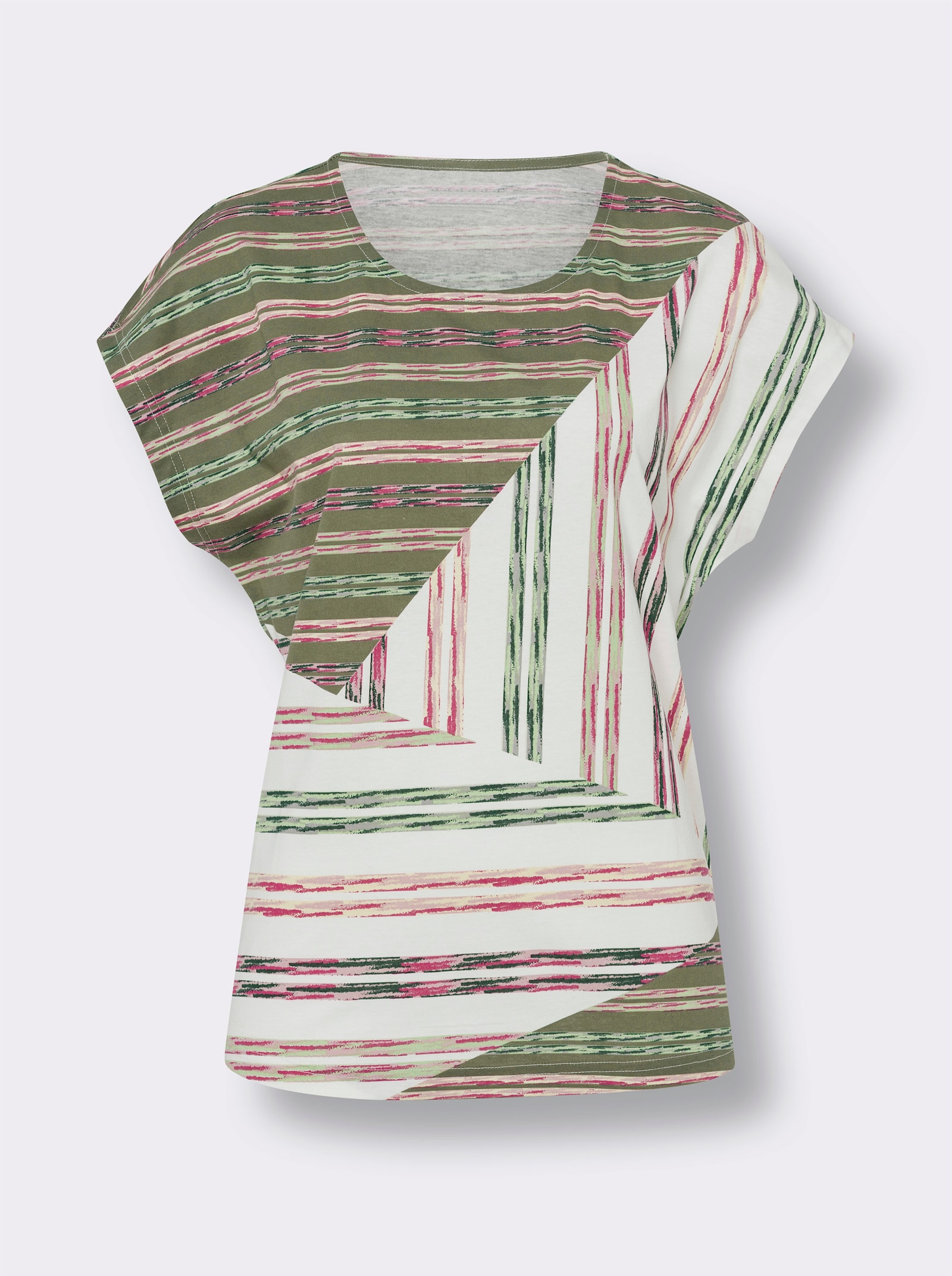 Rundhalsshirt mit mehrfarbigem Streifen-Print - ecru-khaki-bedruckt