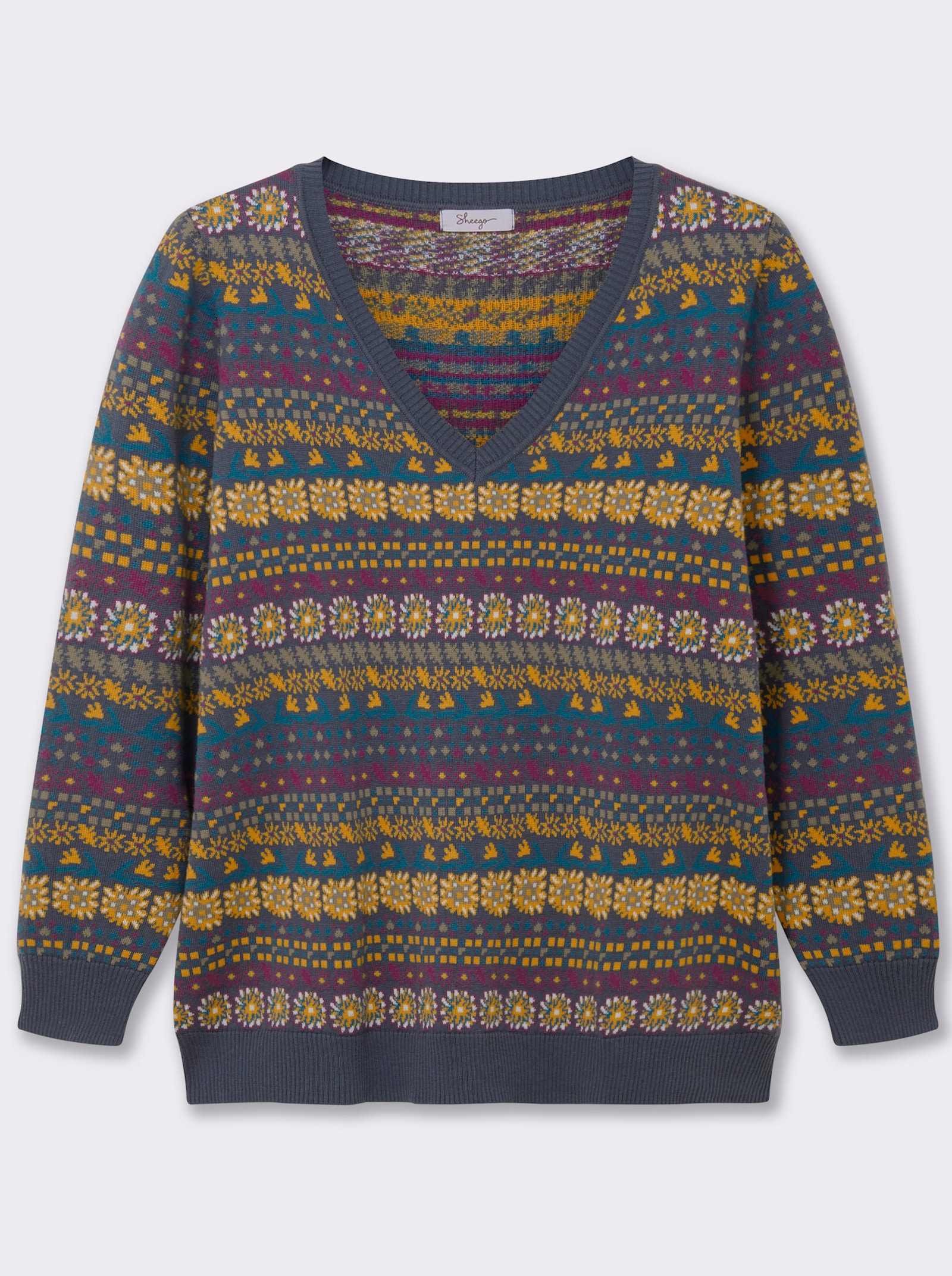 sheego Pullover im Jacquard-Muster - rauchblau-gemustert