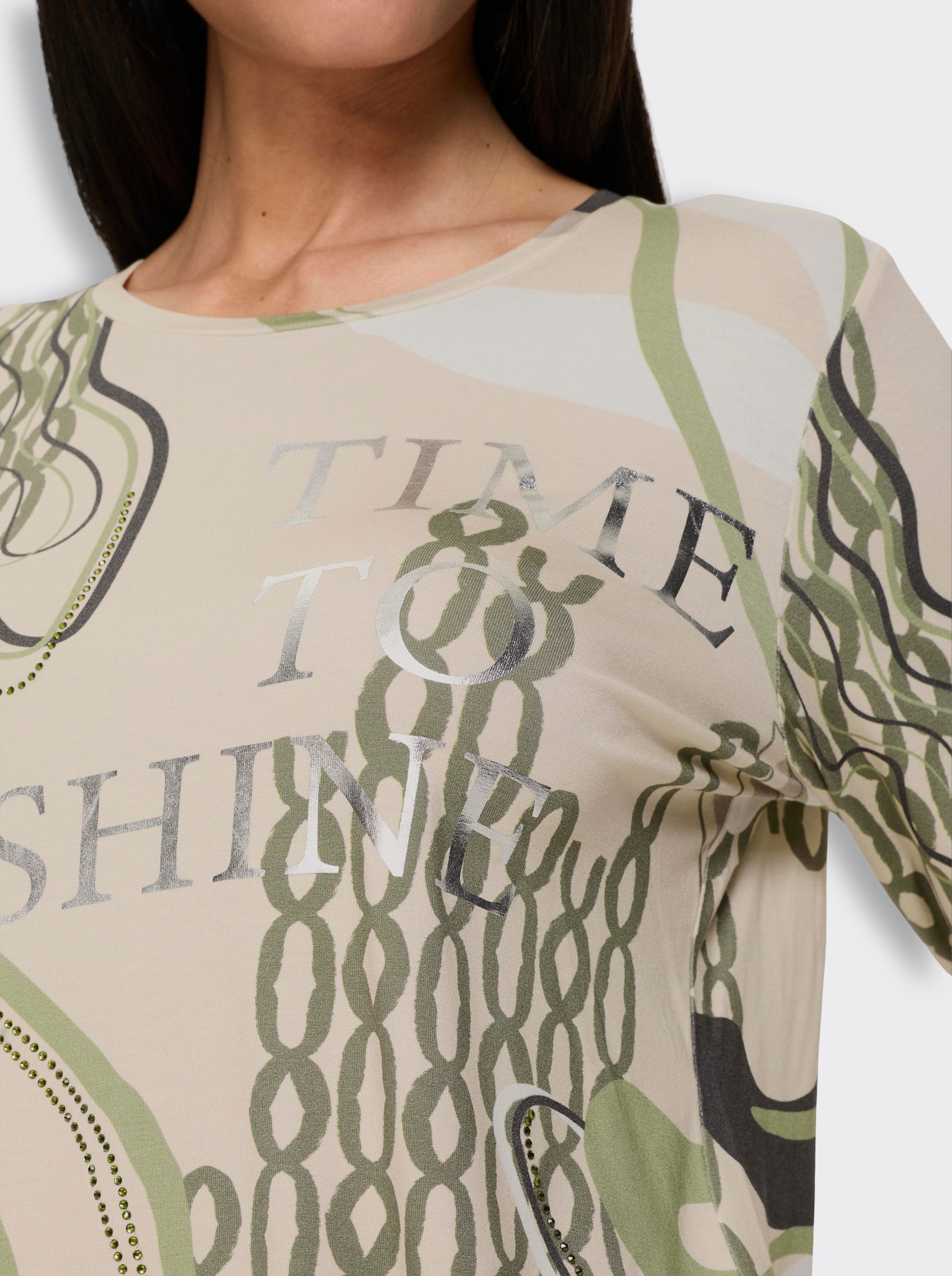 heine Langarmshirt mit Glitzersteinchen - elfenbein-khaki-bedruckt