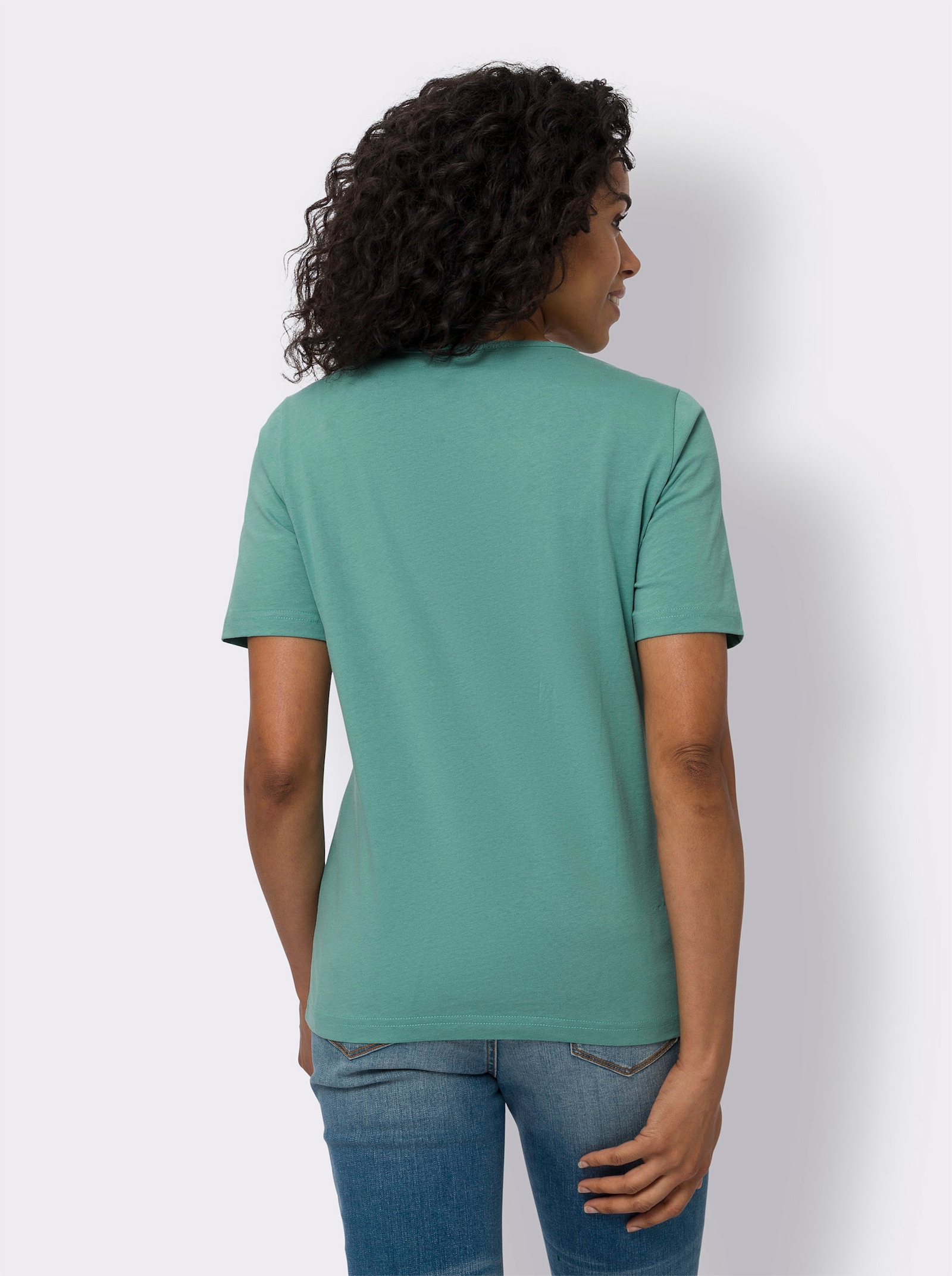 Kurzarmshirt mit Blumen-Federn-Druck - jade-taubenblau