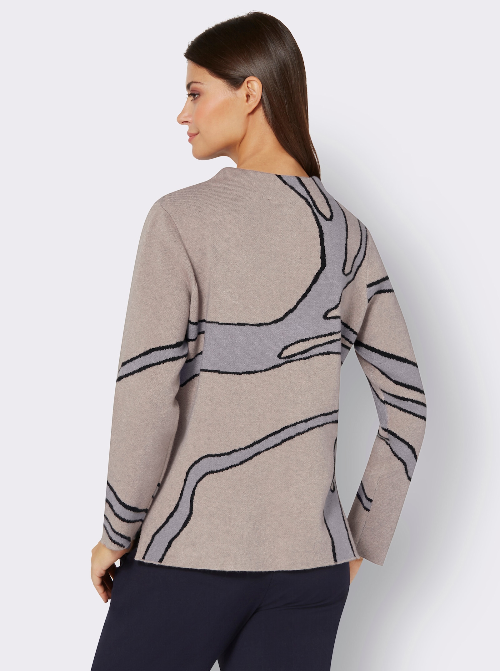 Jacquard-Pullover mit halsfernem Stehkragen - sesam-grau-gemustert