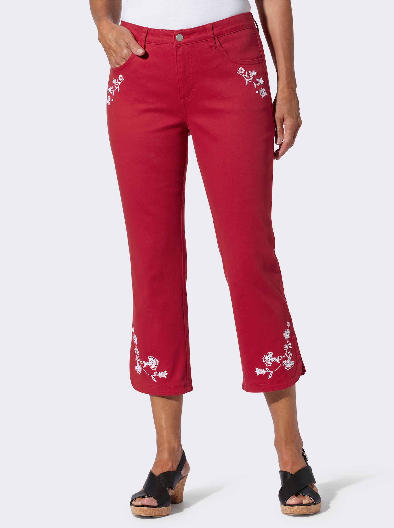 7/8 džíny s květinovou výšivkou - červená