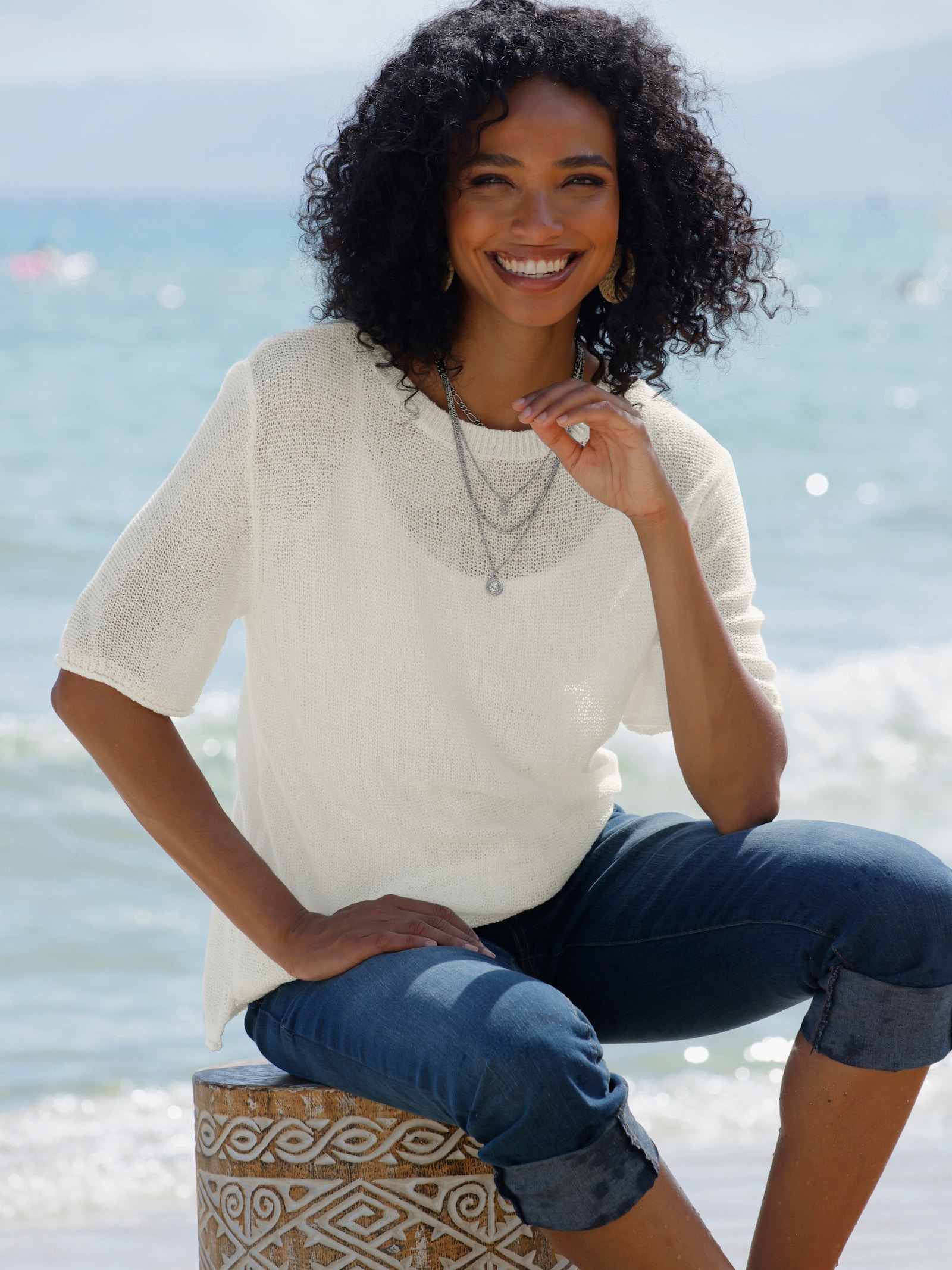 heine Pull à manches courtes avec fil fantaisie - écru