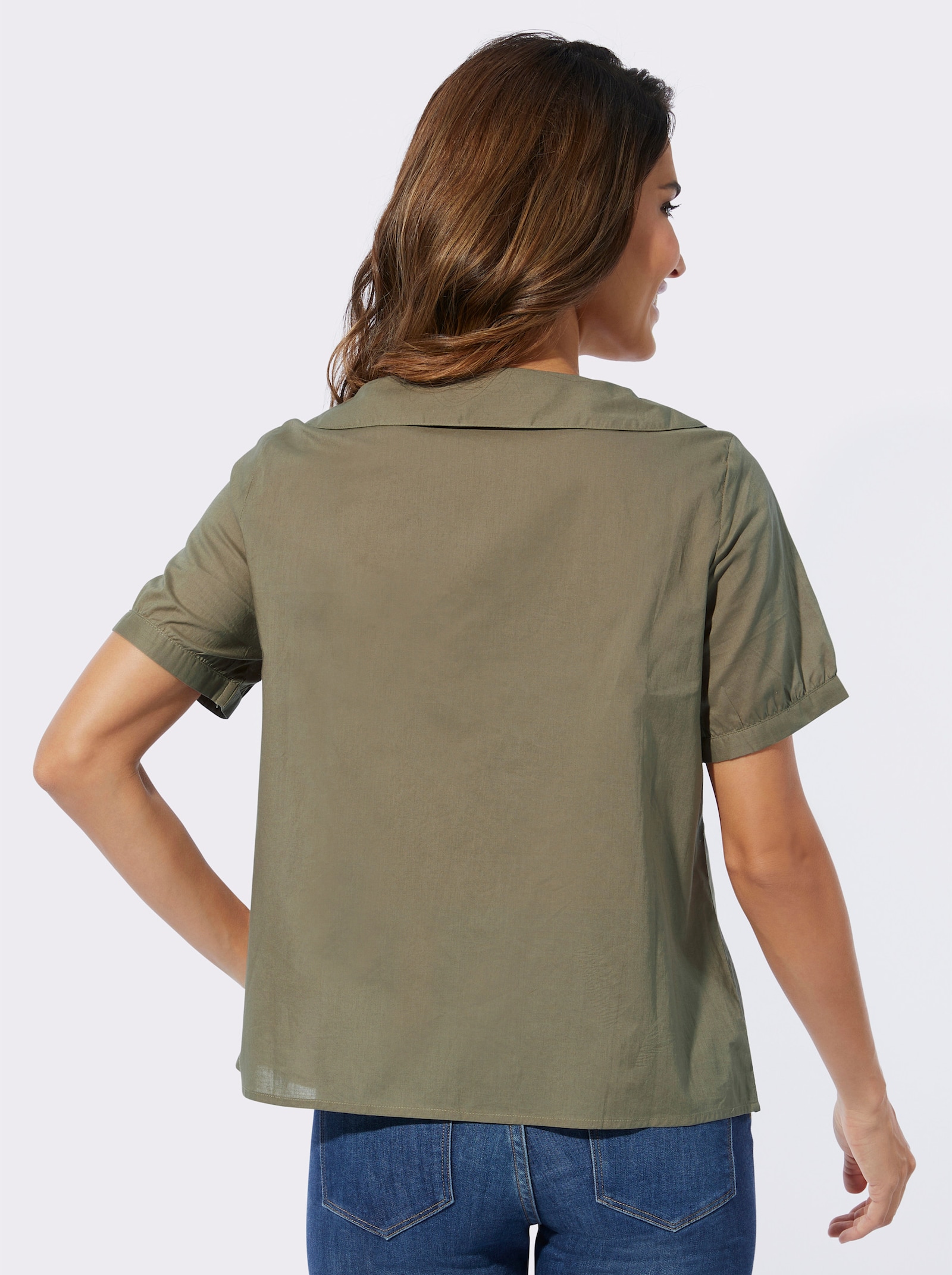 Halenka a krátkým rukávem s širokým kulatým výstřihem - khaki