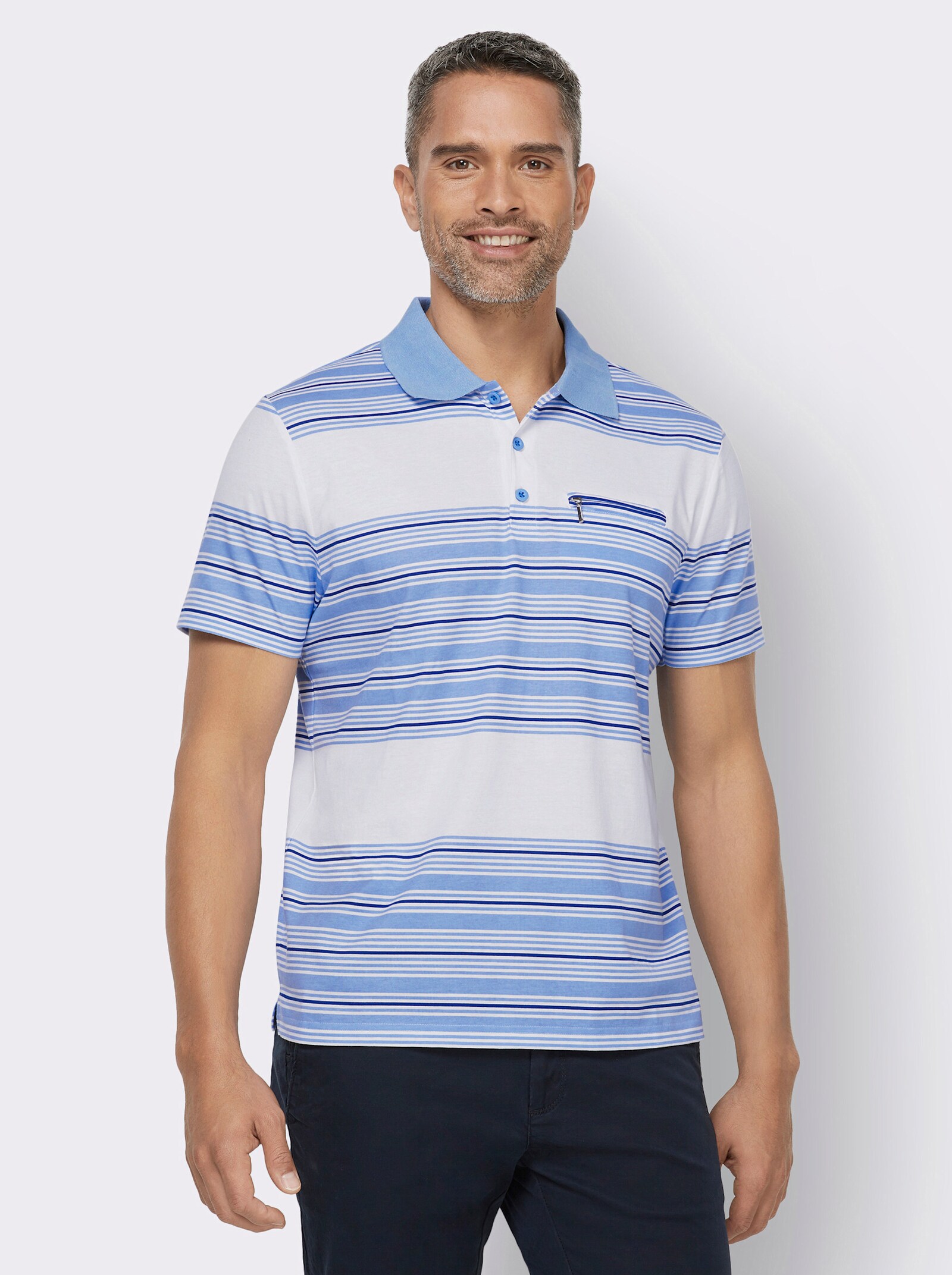 Poloshirt - weiß-himmelblau-bedruckt