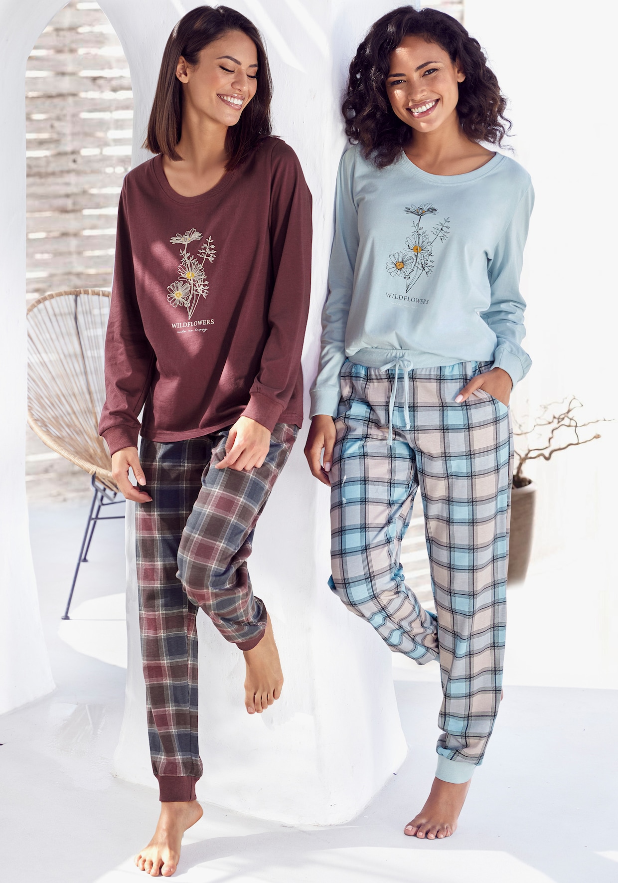 Vivance Dreams Pyjama - bordeaux-kariert, kariert-hellblau