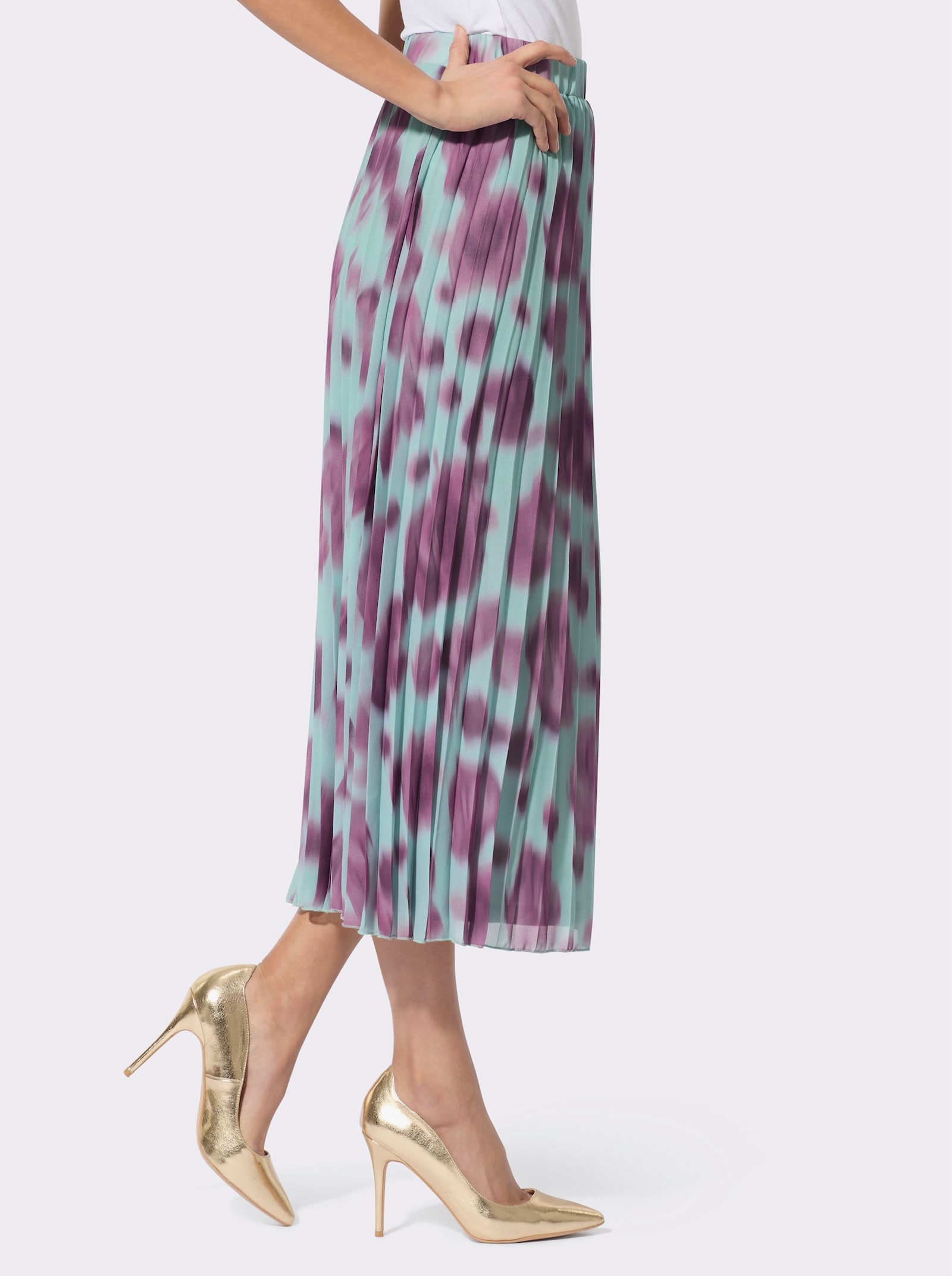 Jupe plissée avec doublure en viscose - menthe-violet imprimé