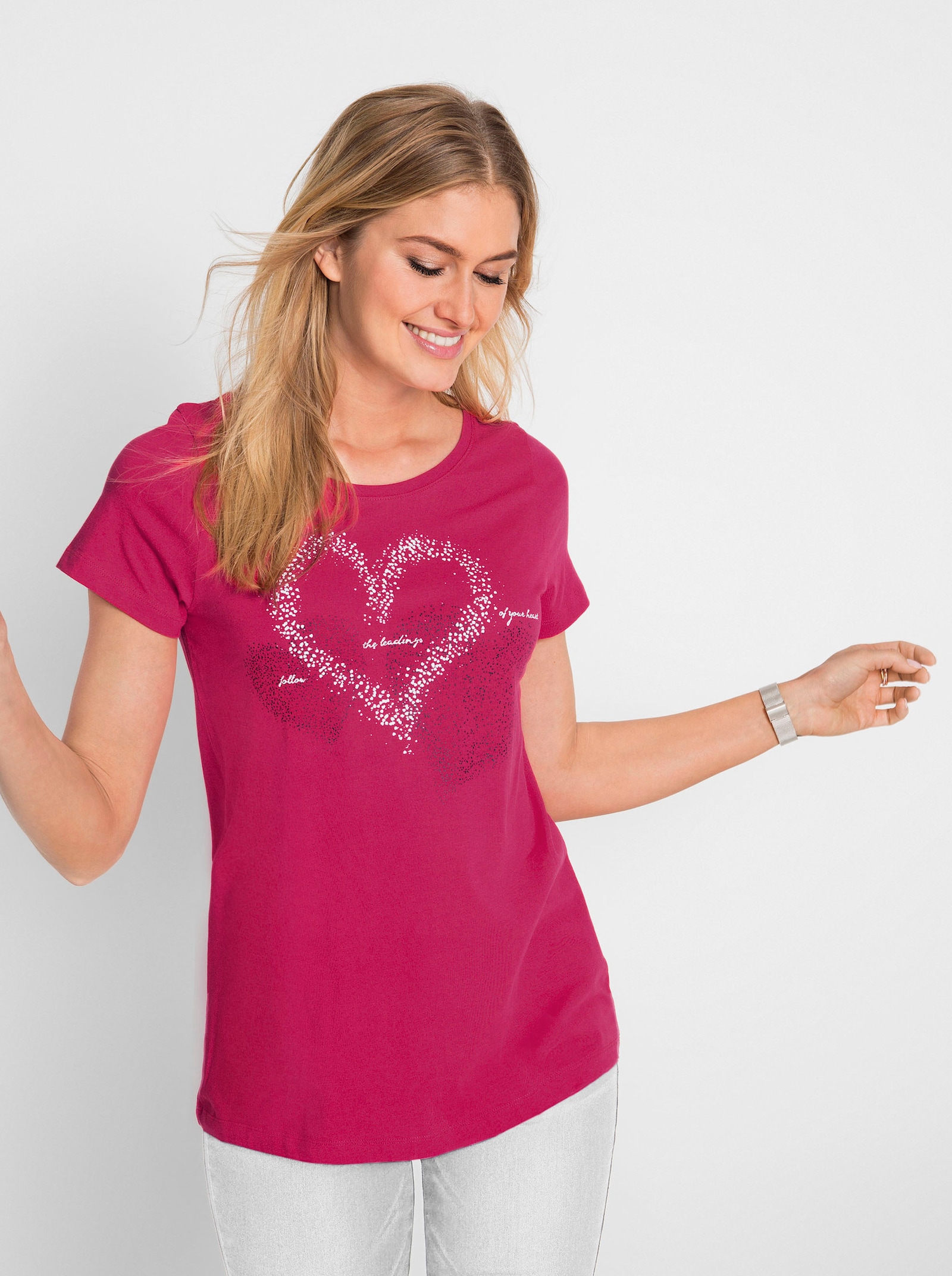 Kurzarmshirt mit Herz-Motiv - pink-weiß-bedruckt