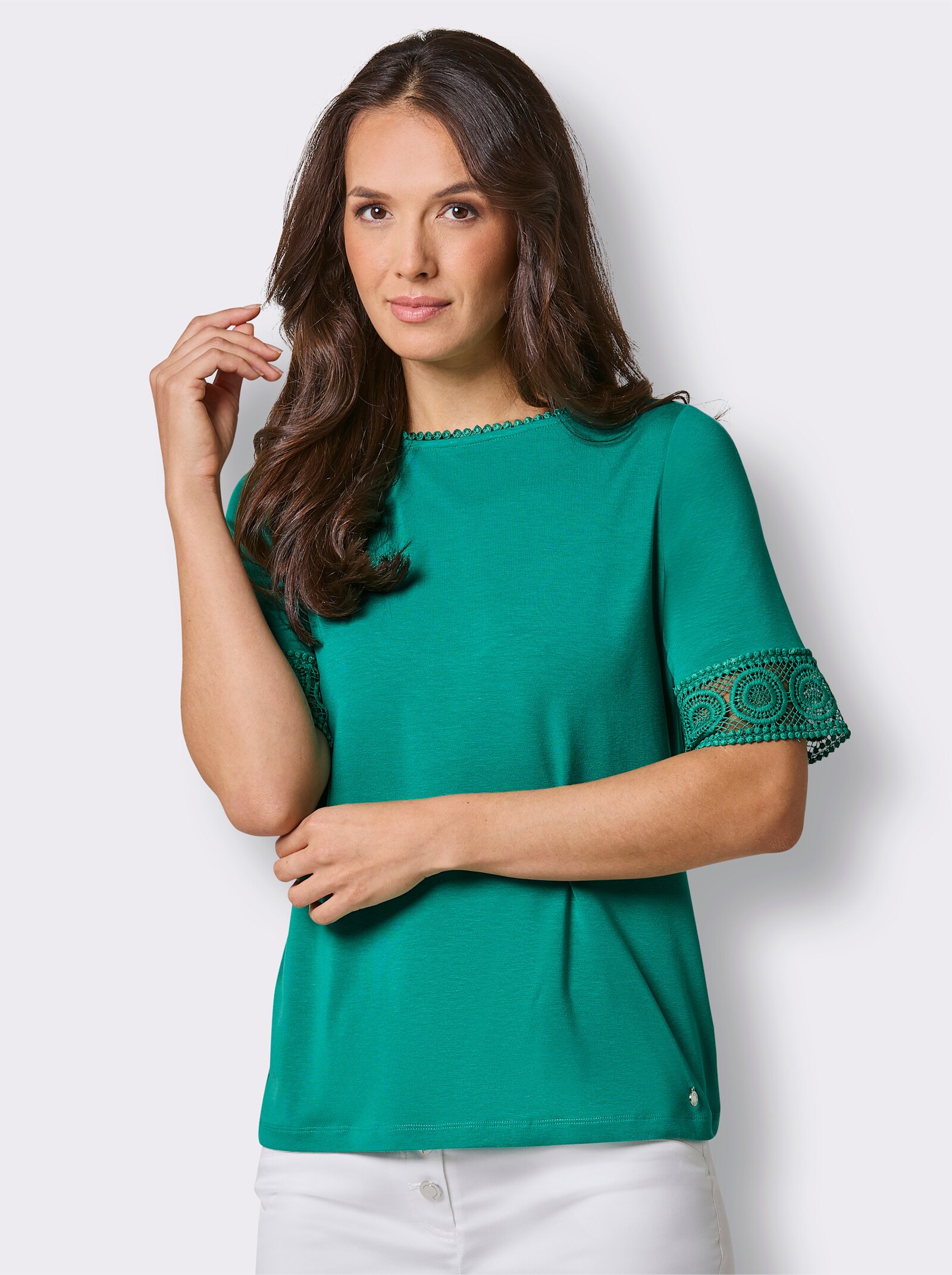 CREATION L PREMIUM Kurzarmshirt mit Spitze - smaragd