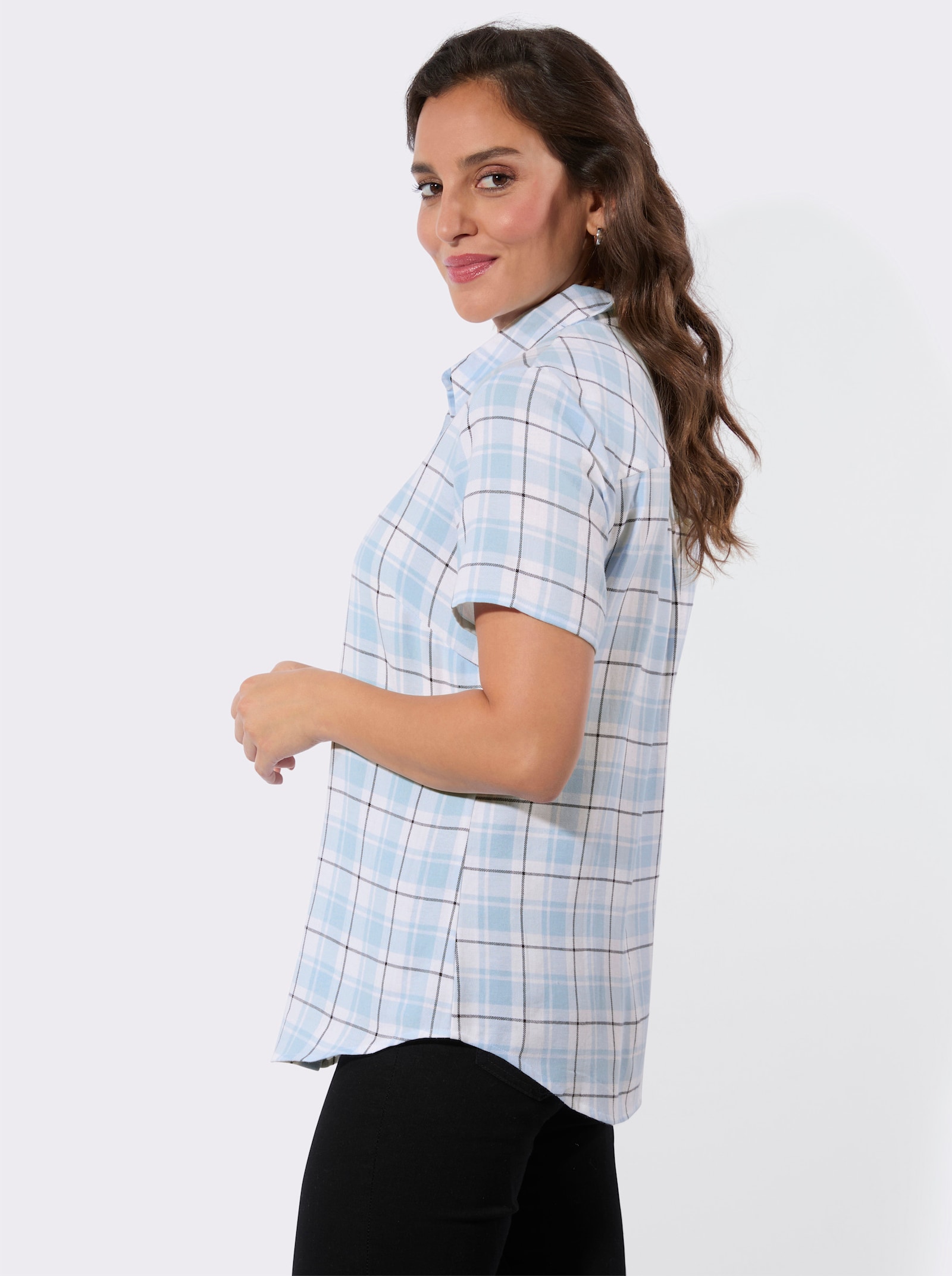 Karobluse mit Kellerfalte hinten - hellblau-ecru-kariert