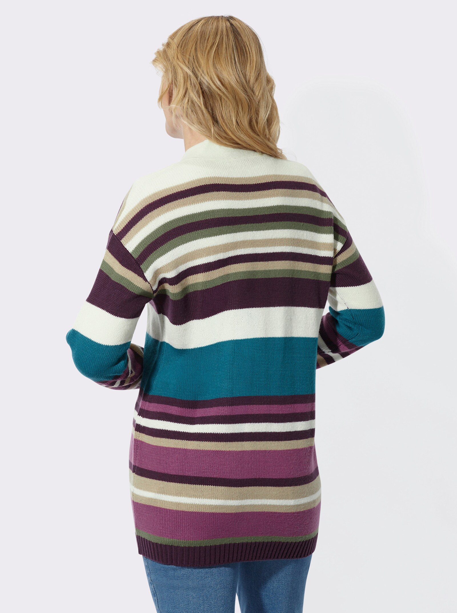 Longstrickjacke im Streifenmuster - aubergine-violett-geringelt