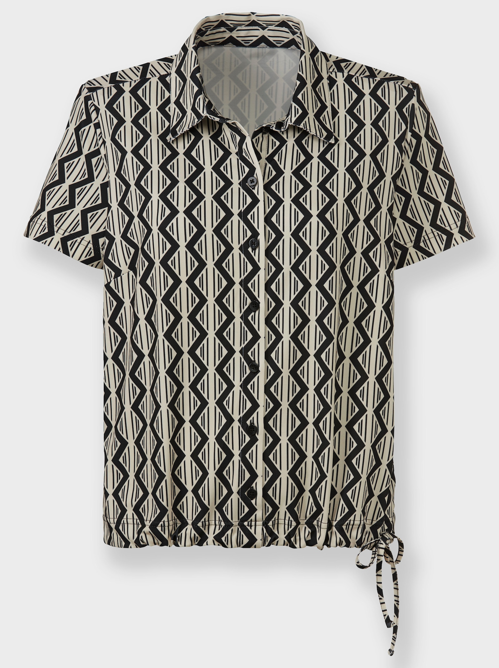 Comfortblouse met tunnelkoord en bindstrikje aan de zoom - zand/zwart bedrukt