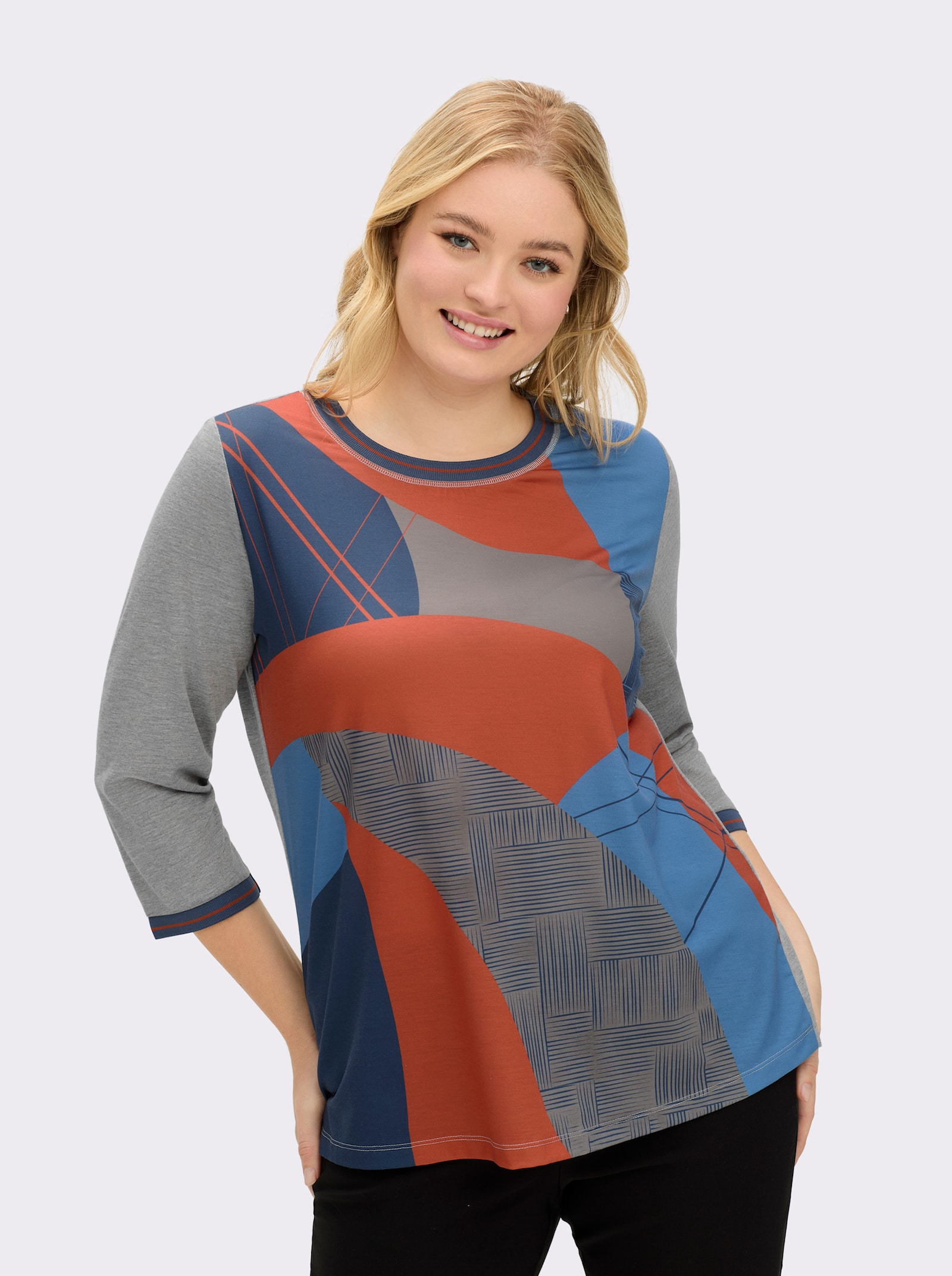 3/4-Arm-Shirt mit Kontrast-Blenden - grau-terra-bedruckt