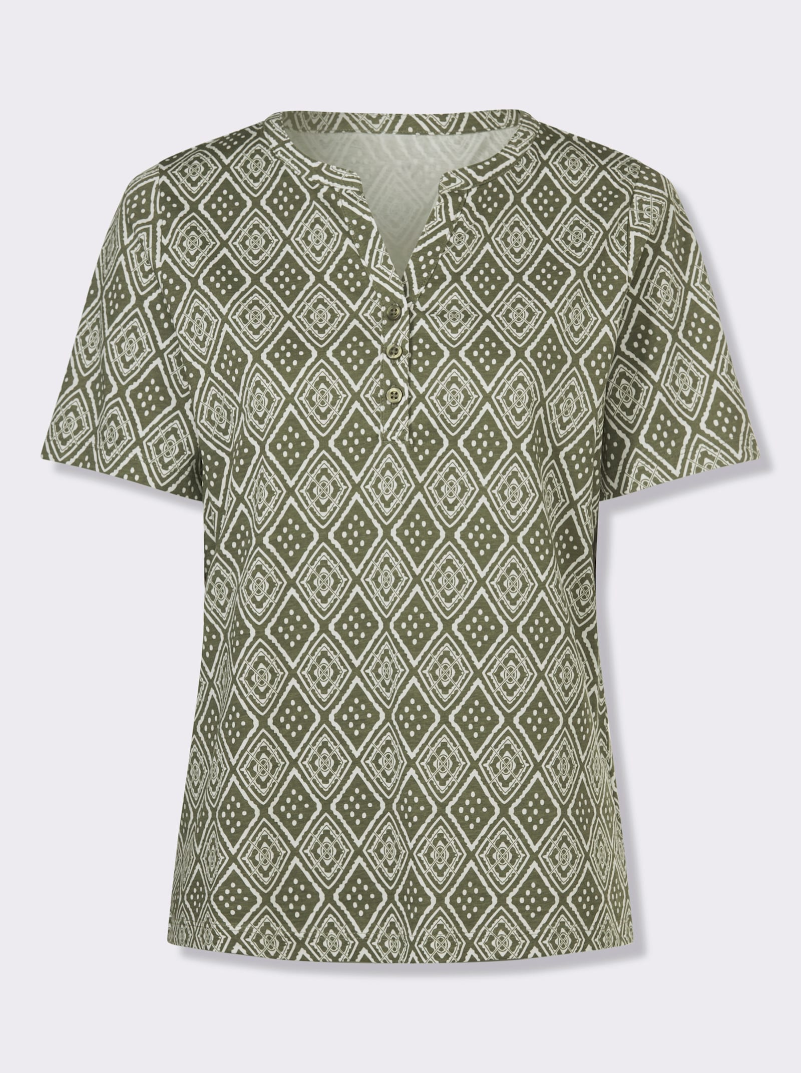 Kurzarmshirt mit Ethno-Druck - khaki-ecru-bedruckt