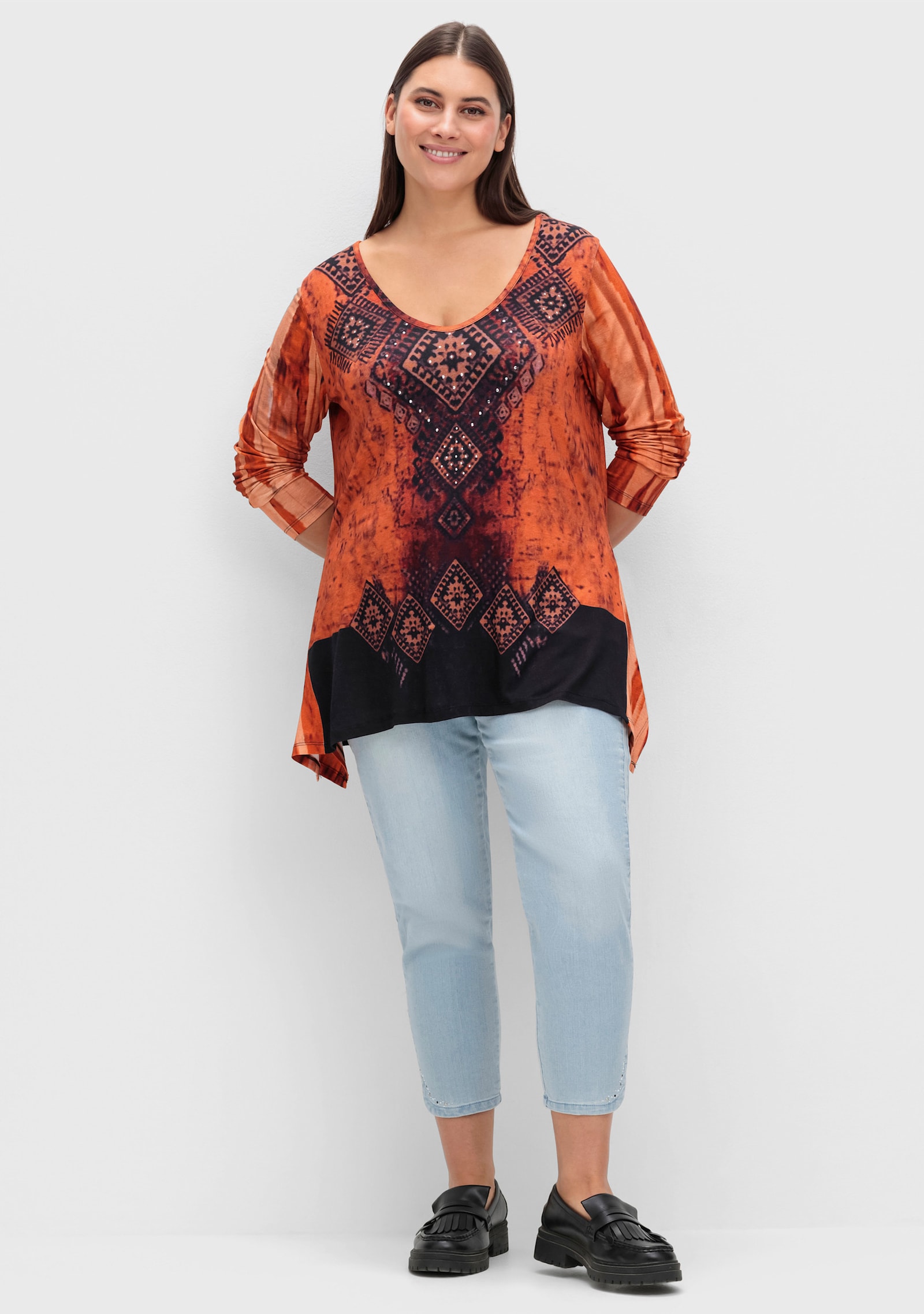 Zipfelshirt seitlich länger - schwarz-rost-gemustert