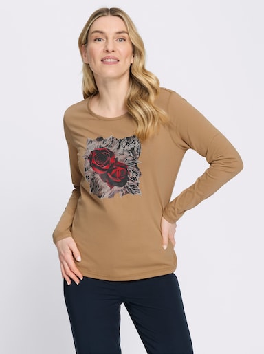Shirt met lange mouwen en op dessin geplaatste rozen-luipaardprint - camel
