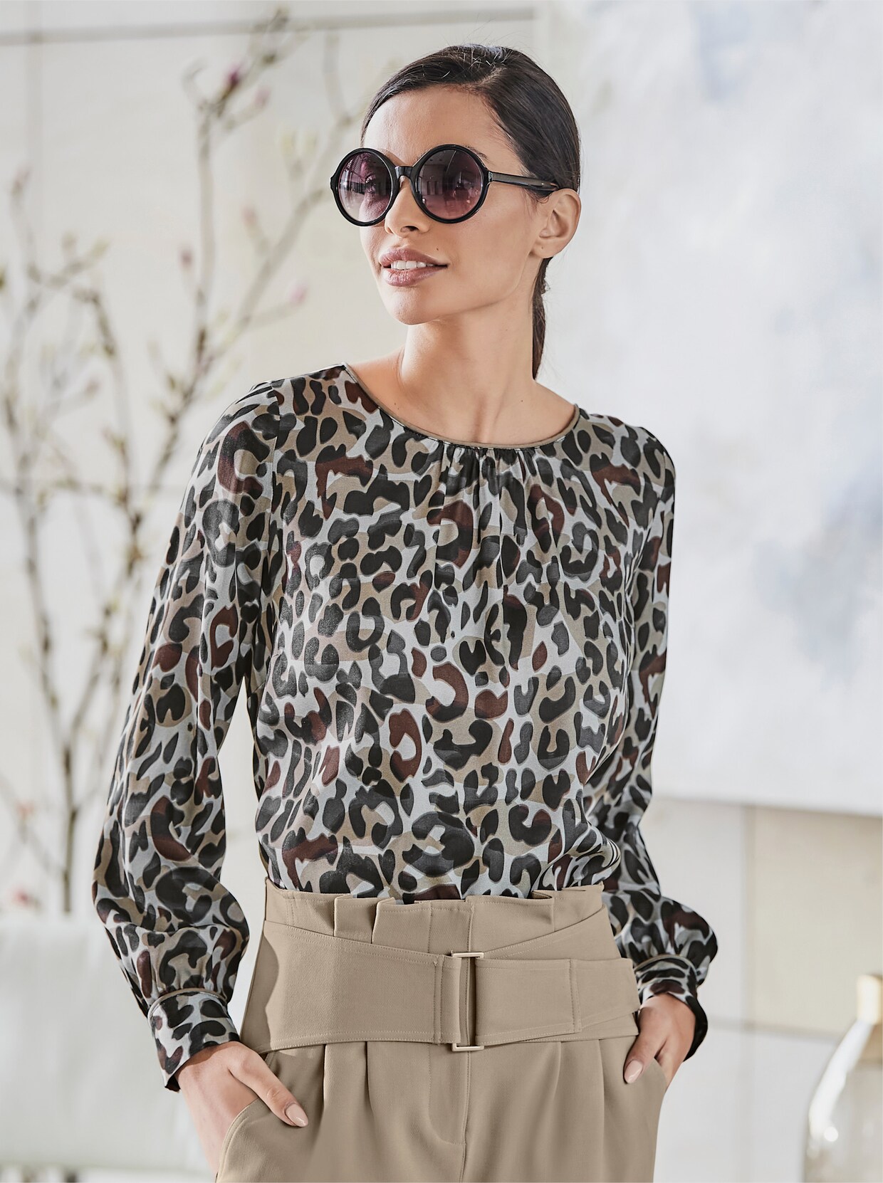 heine Druckbluse - hellgrau-schoko-bedruckt
