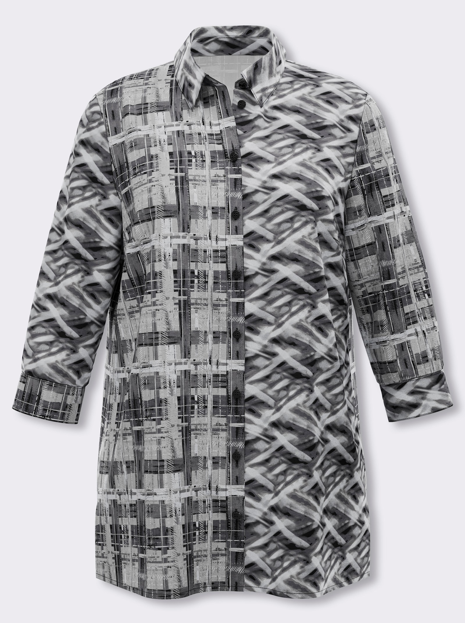 Longbluse in leichter A-Linie - ecru-schwarz-bedruckt
