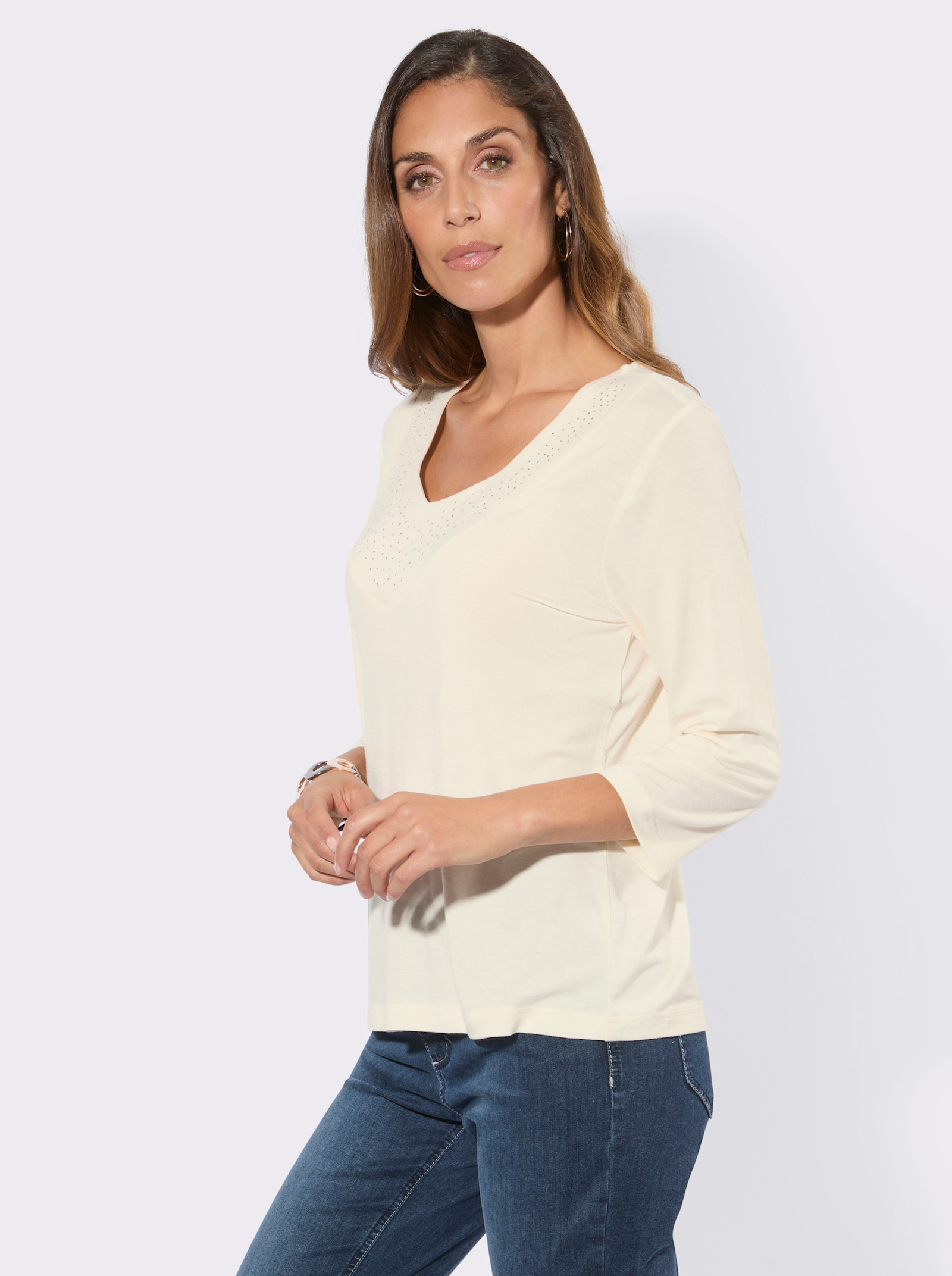 2-in-1-Langarmshirt mit Ziersteinchen am Ausschnitt - champagner