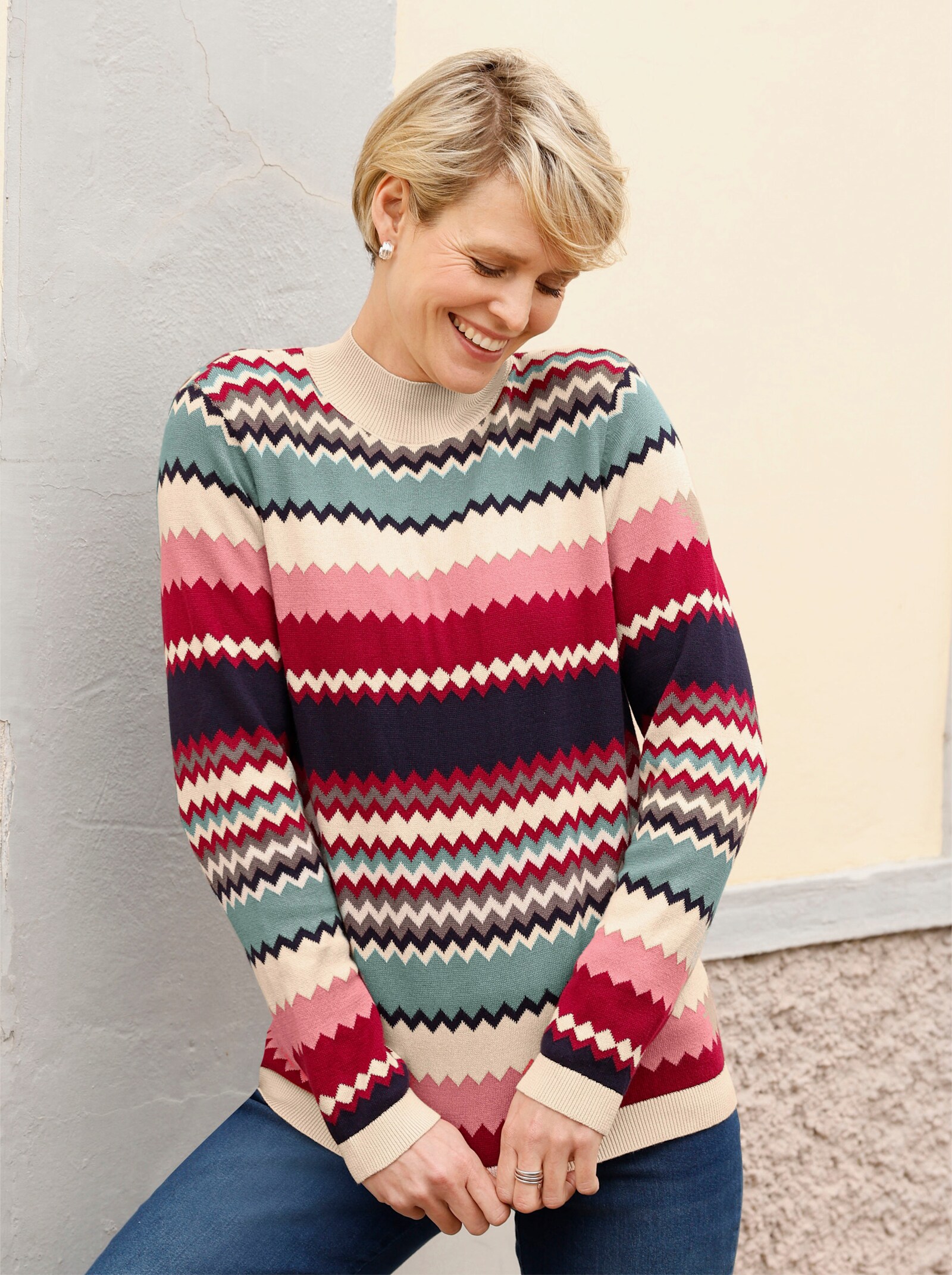 Stehkragenpullover in Jacquard-Strick - jade-kalkmint-geringelt
