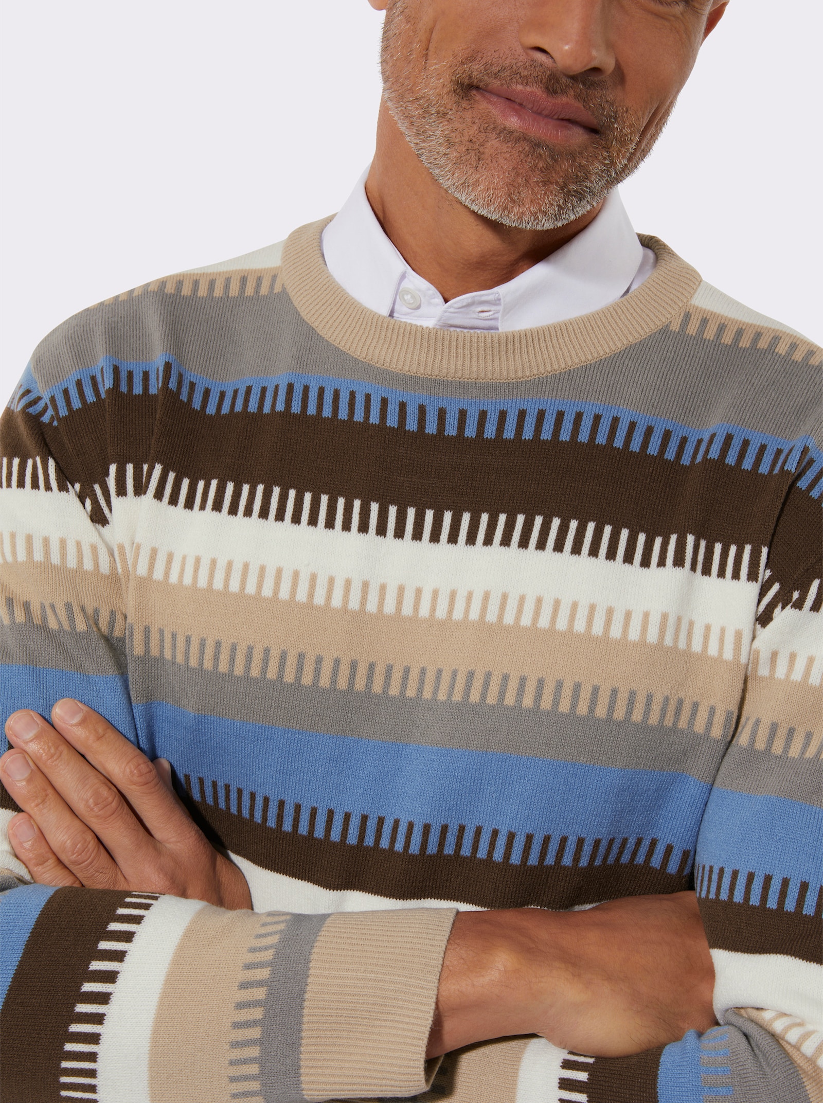 Svetr s kulatým výstřihem s proužkovaným pleteným vzorem - ecru-střední modrá-proužek