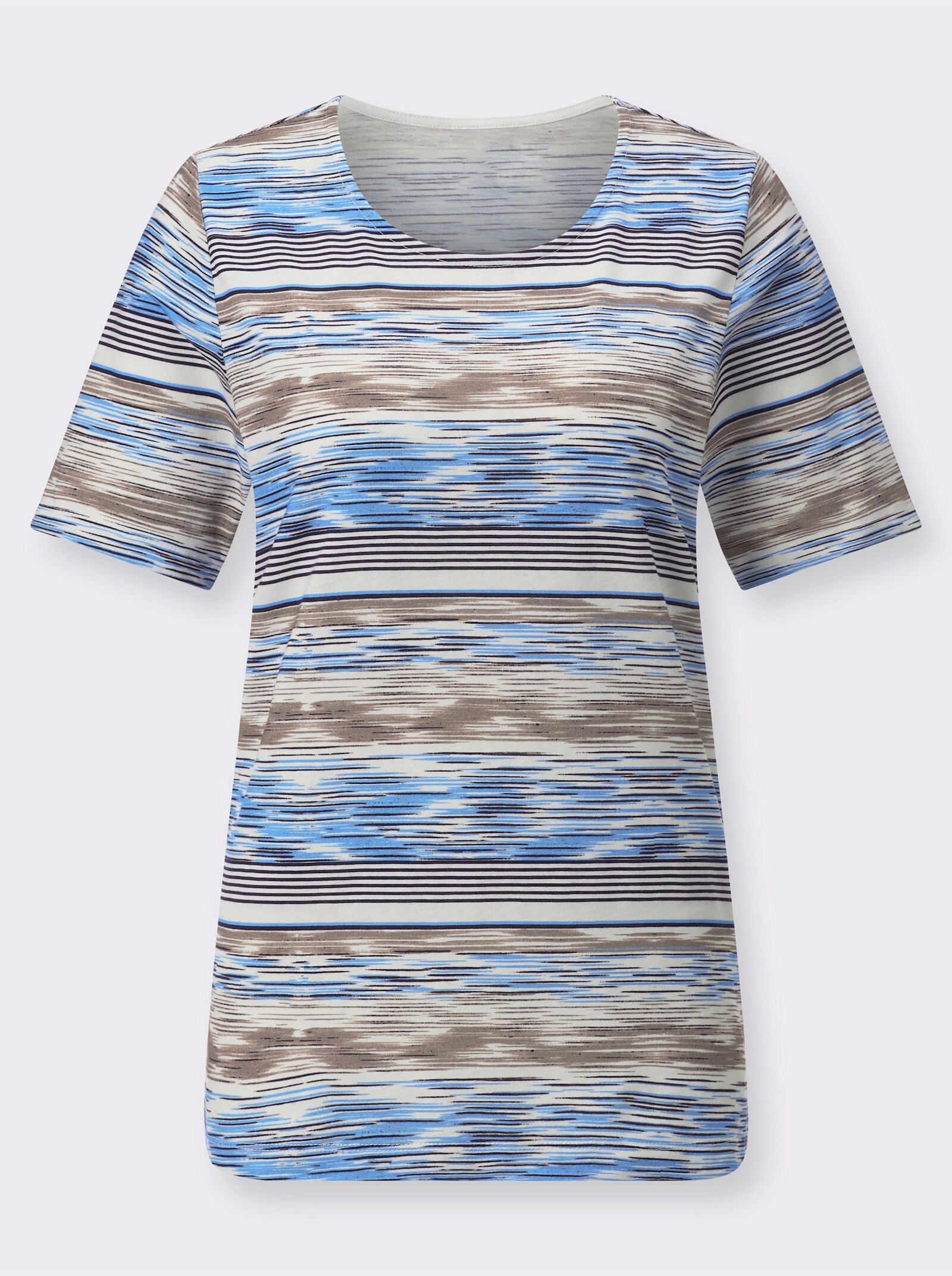 Topp med rund ringning och tryck - himmelsblå-ecru, med tryck