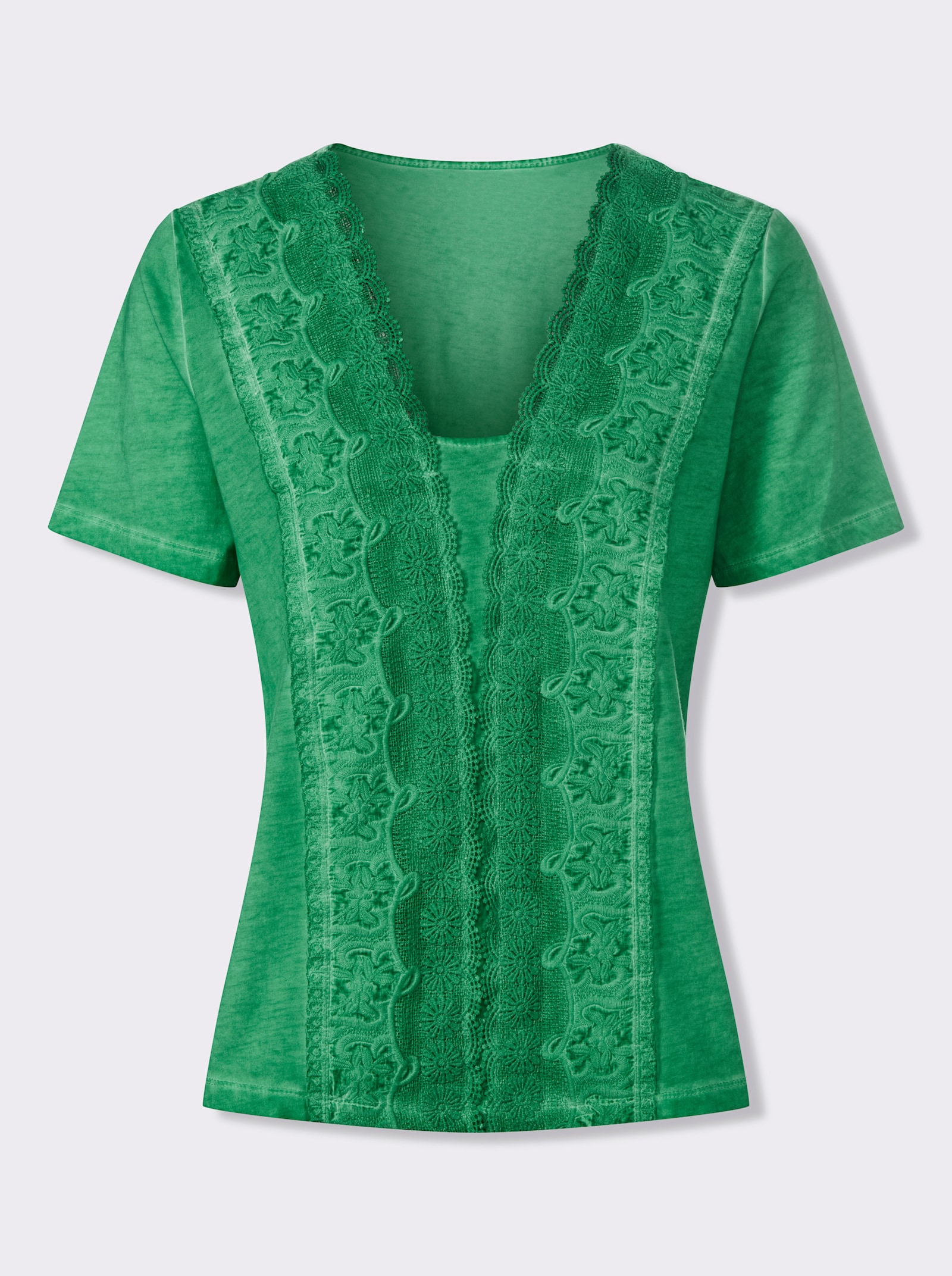 heine Kurzarmshirt mit Spitzenbesatz - grasgrün