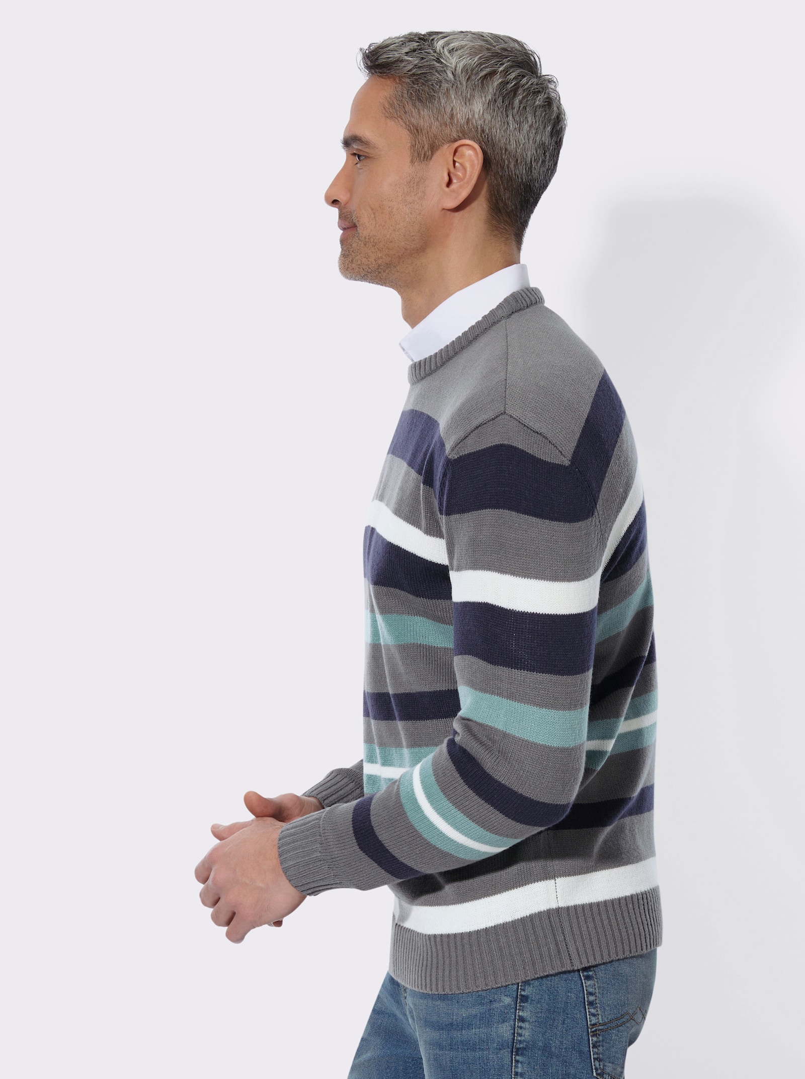 Rundhalspullover im Ringel-Dessin - anthrazit-jade-gemustert