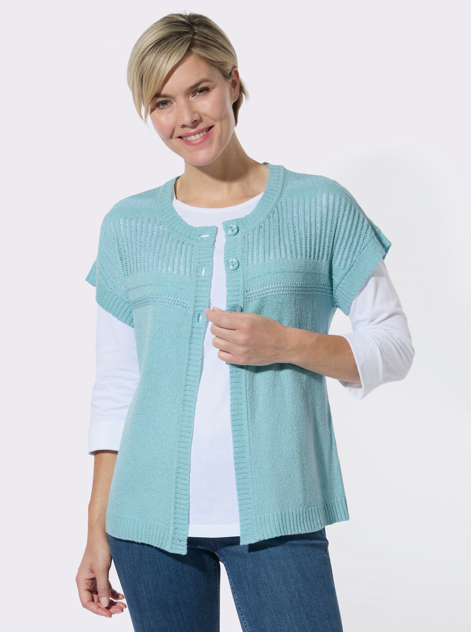 Strickjacke mit Ajourmuster - aquamarin