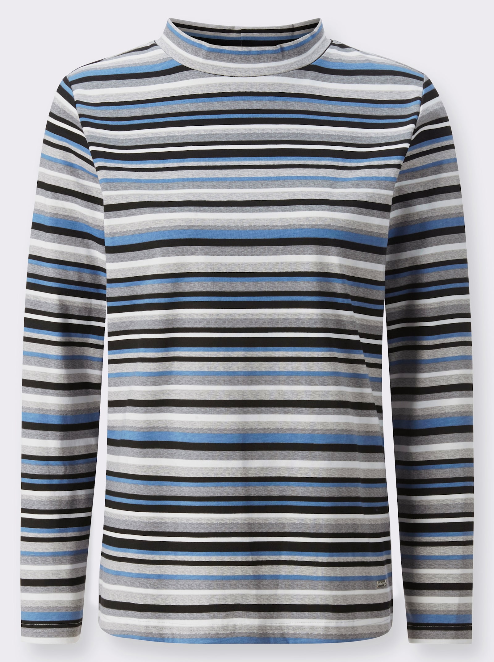 Langarmshirt mit Stehkragen - mittelblau-hellgrau-geringelt