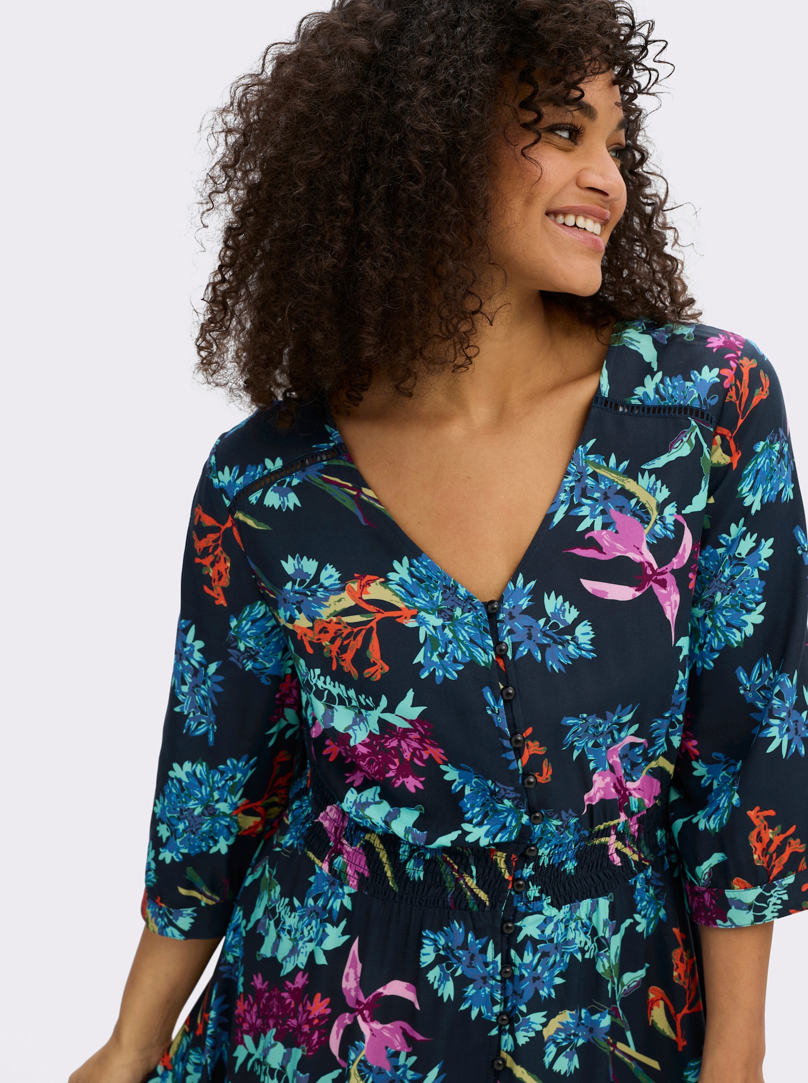 sheego by Joe Browns A-Linien-Kleid mit buntem Blumenprint - tiefblau-türkis-gemustert