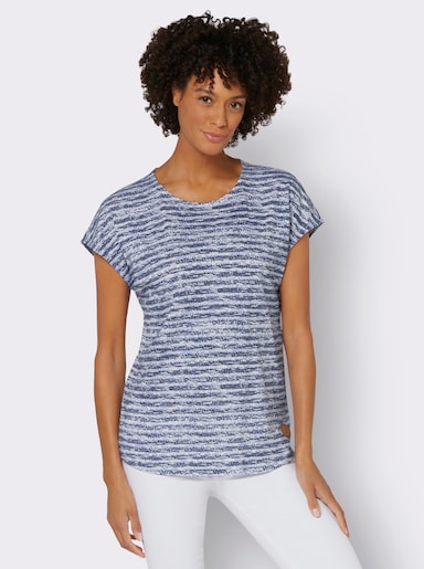 Rundhalsshirt mit weicher Baumwolle - marine-ecru-geringelt