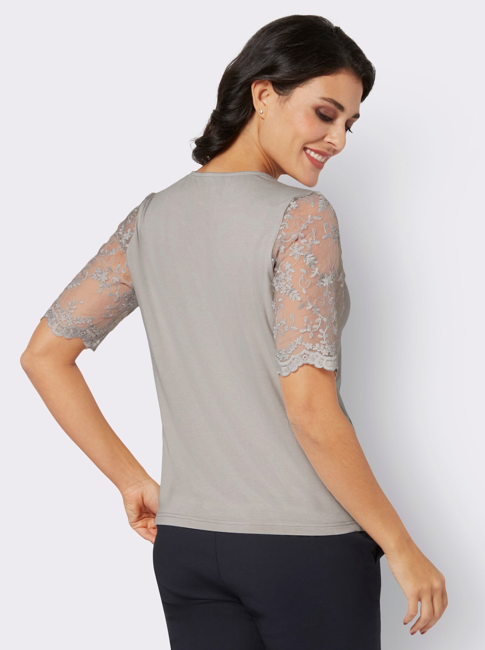 Kurzarmshirt mit floraler Spitze - hellgrau