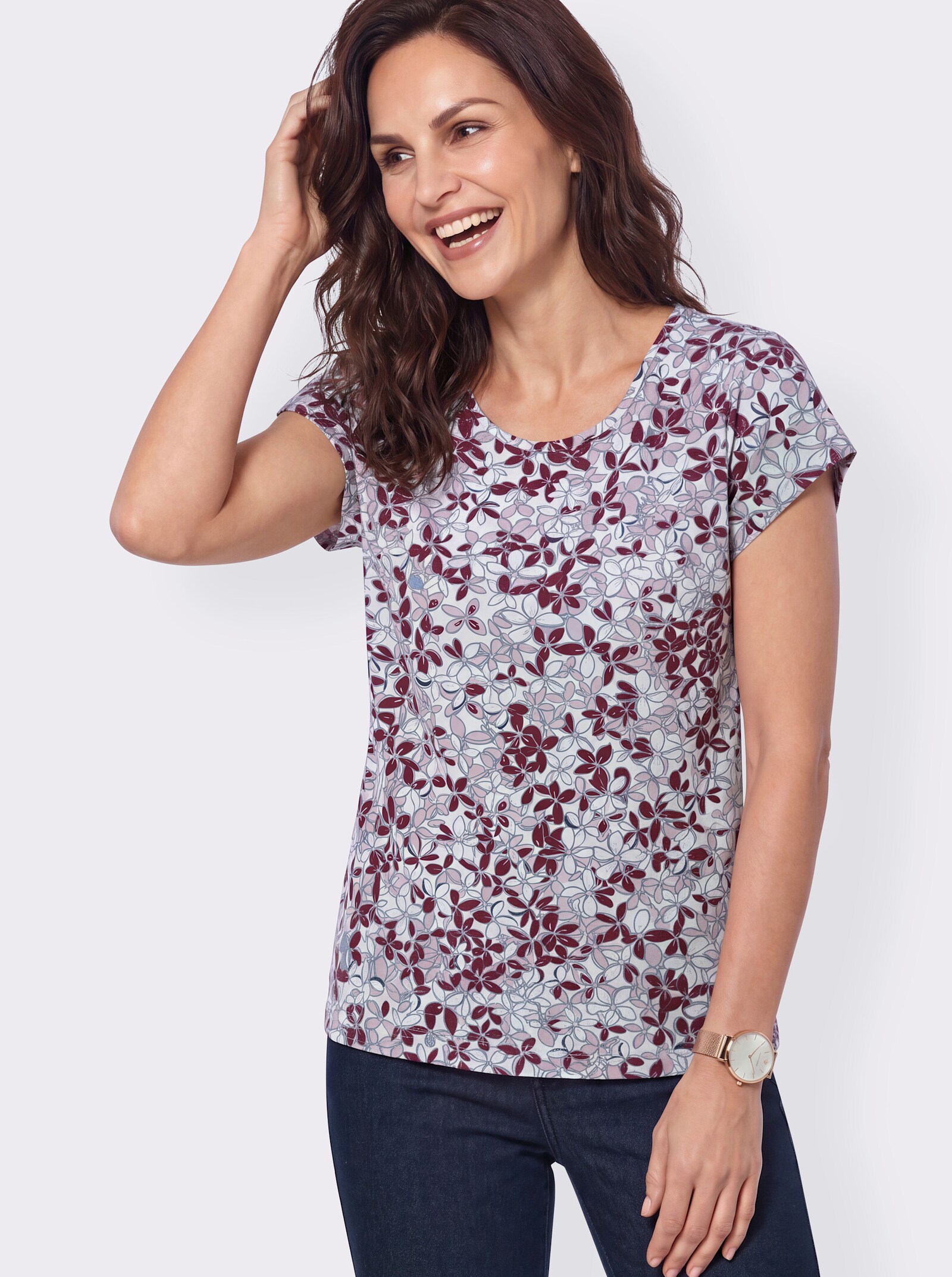 Rundhalsshirt mit überschnittenen Schultern - rosé-taubenblau-bedruckt