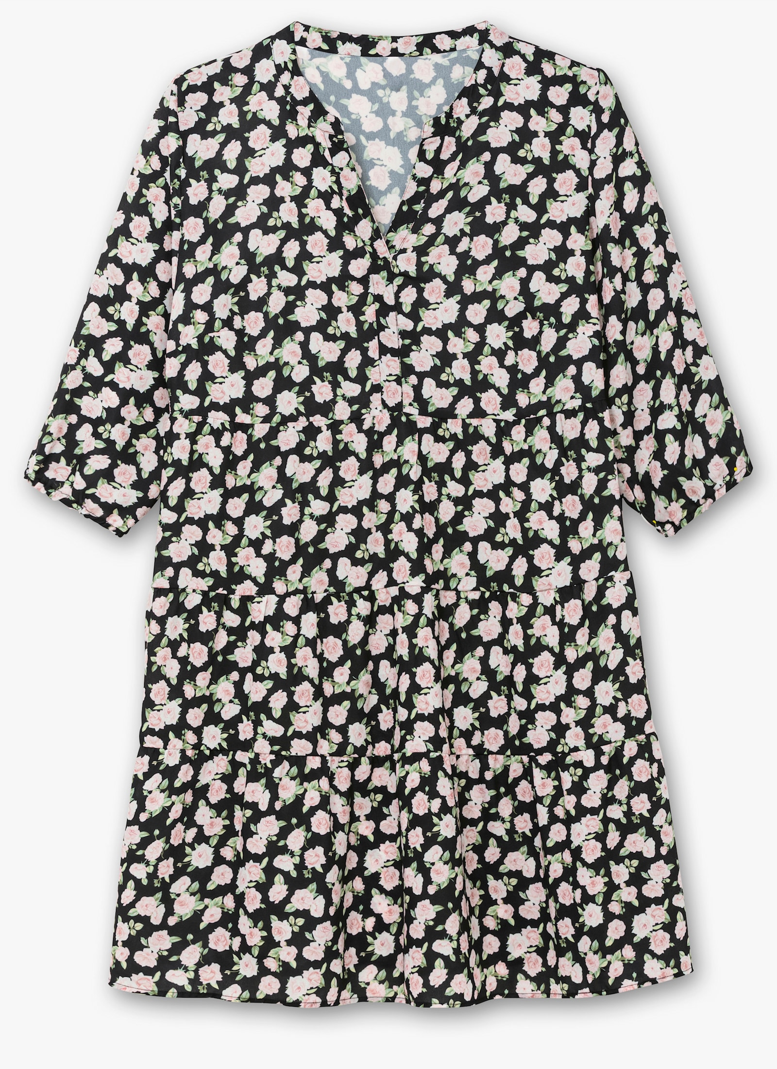 Blumenkleid mit stufigem Rock - schwarz-weiß-gemustert