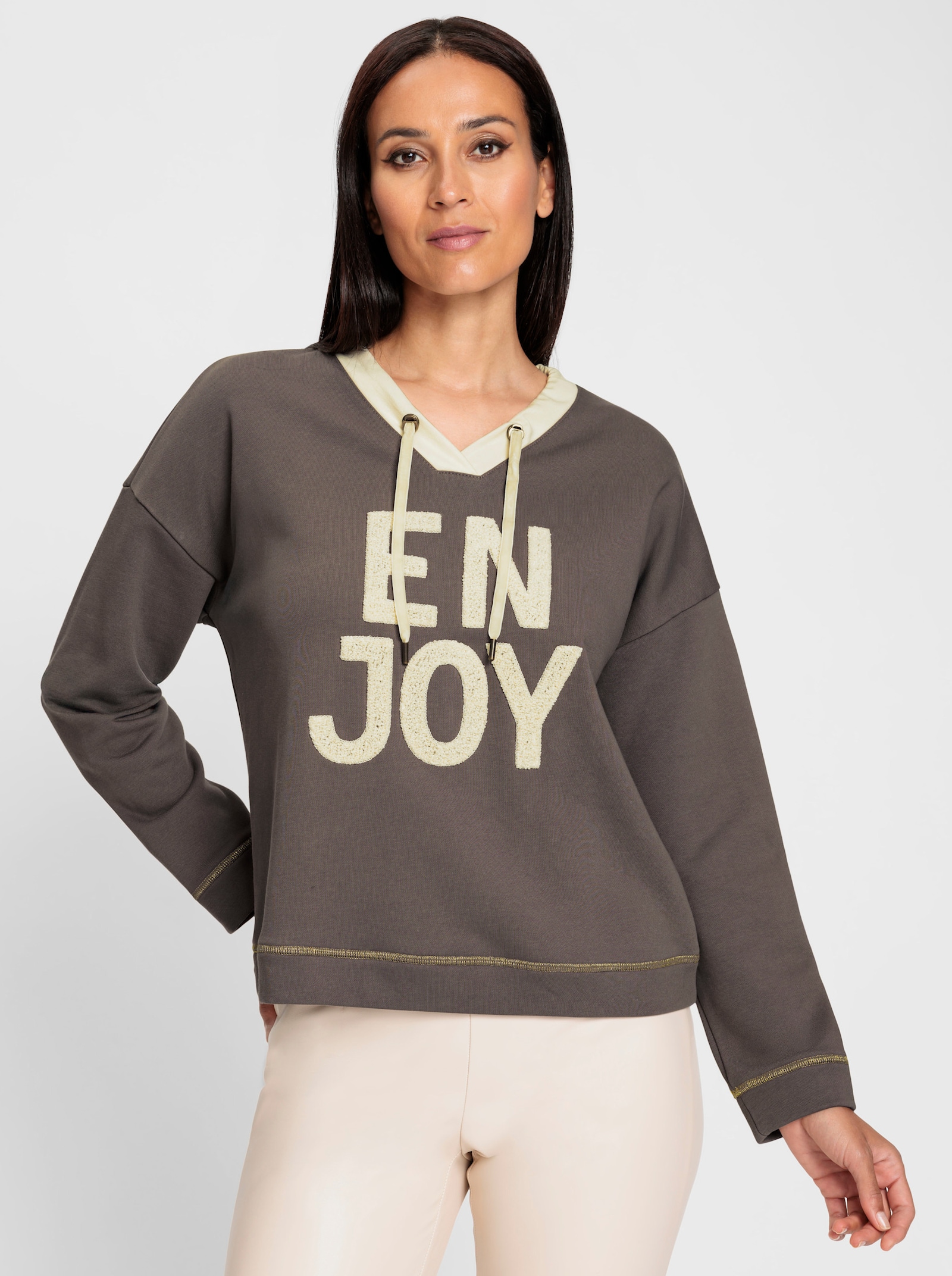 heine Sweatshirt mit Schriftzug - dunkeltaupe