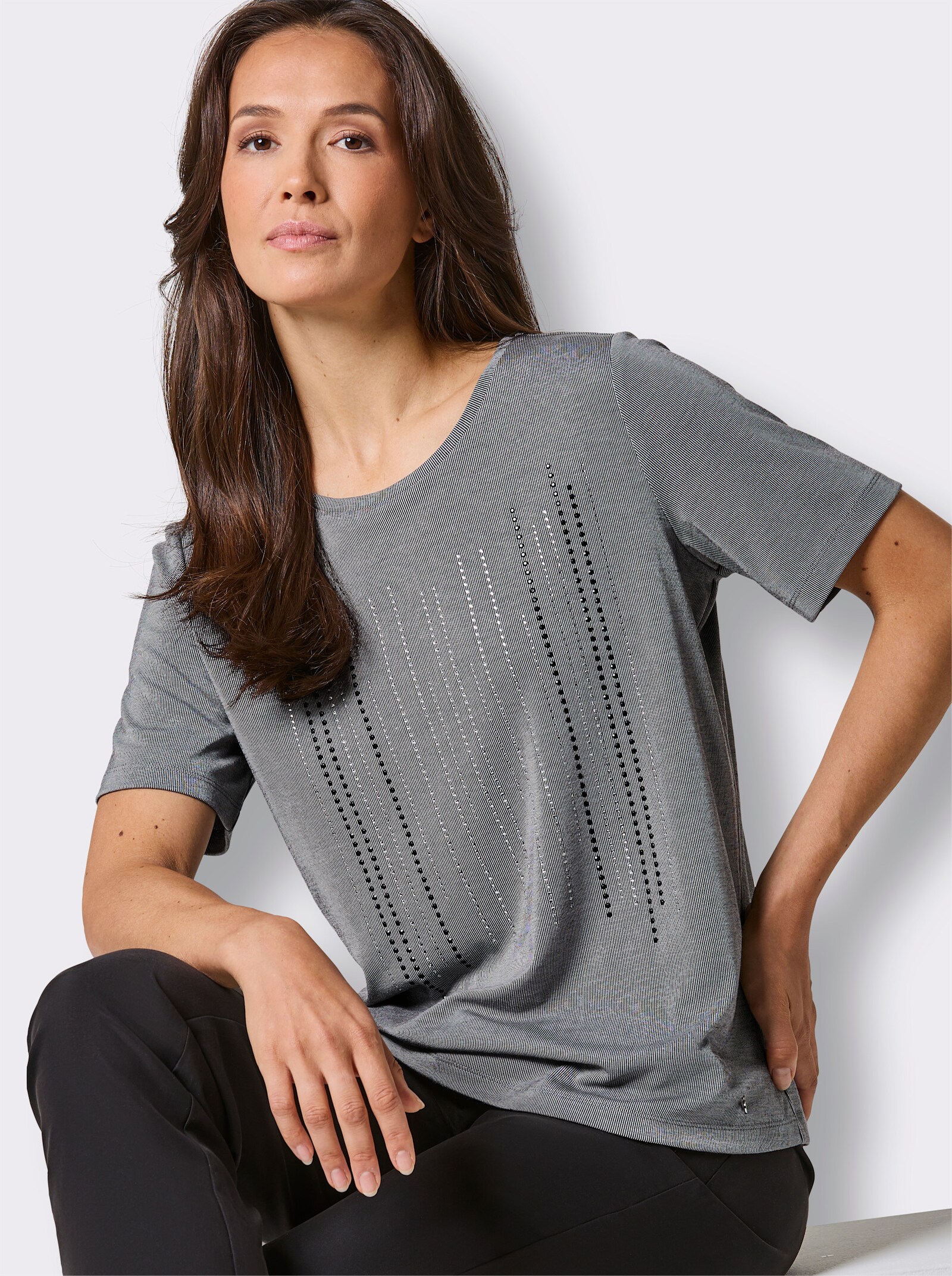 CREATION L PREMIUM Kurzarmshirt mit Glitzersteinchen - schwarz