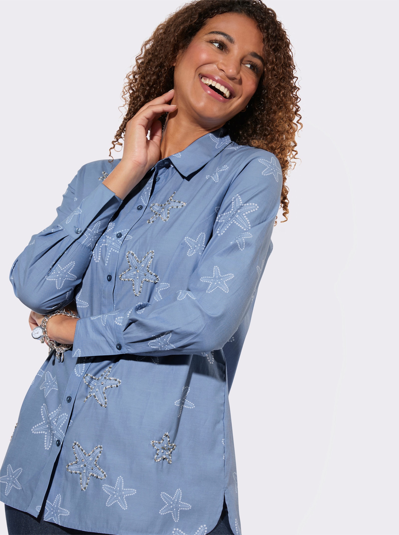 Longbluse mit Zierperlen - bleu