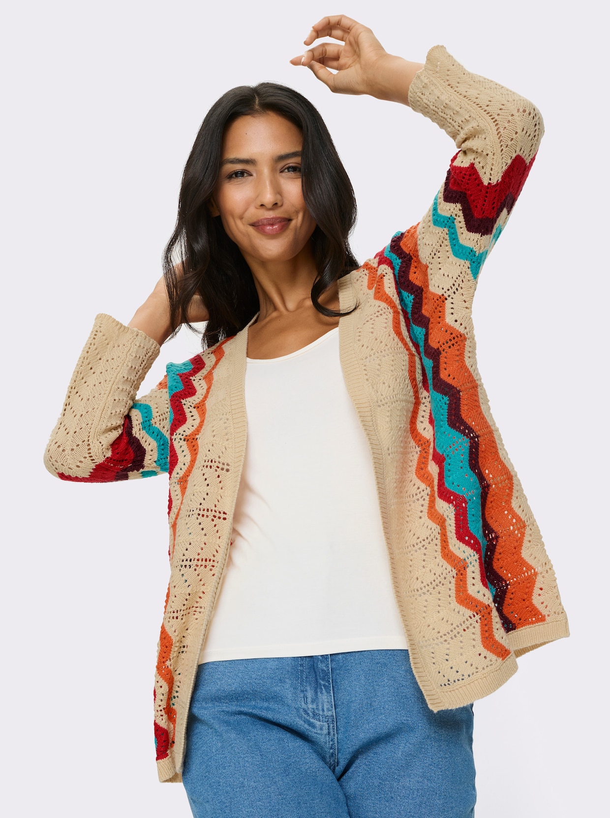 Ajourstrickjacke - sand-erdbeere-gemustert