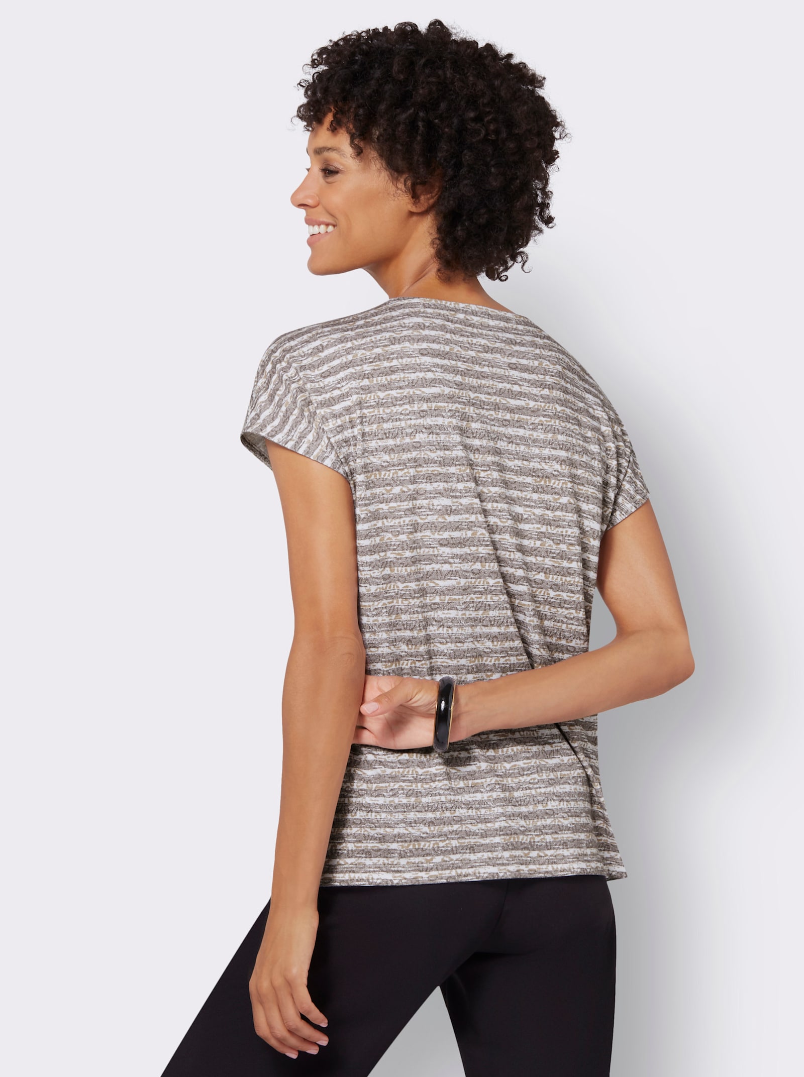 Rundhalsshirt mit weicher Baumwolle - taupe-ecru-geringelt