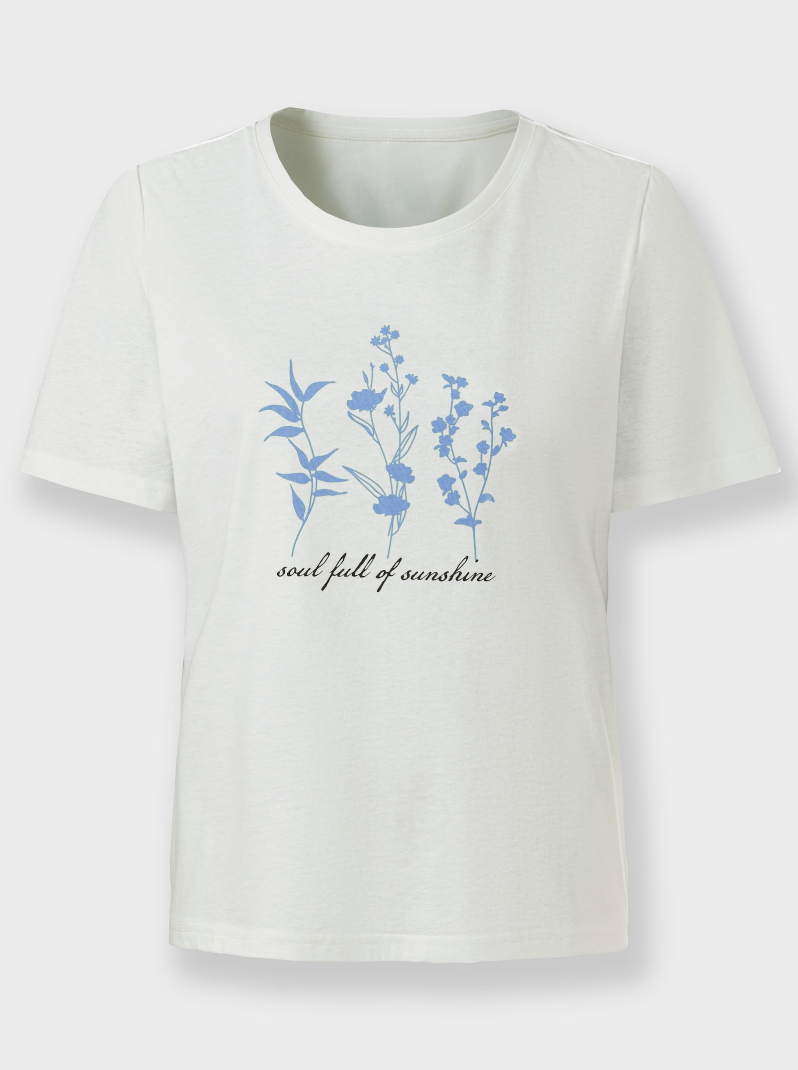 Kurzarmshirt mit floralem Motiv - ecru-himmelblau-bedruckt