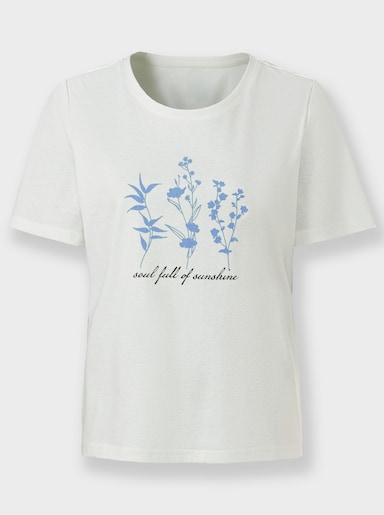 Kurzarmshirt mit floralem Motiv - ecru-himmelblau-bedruckt
