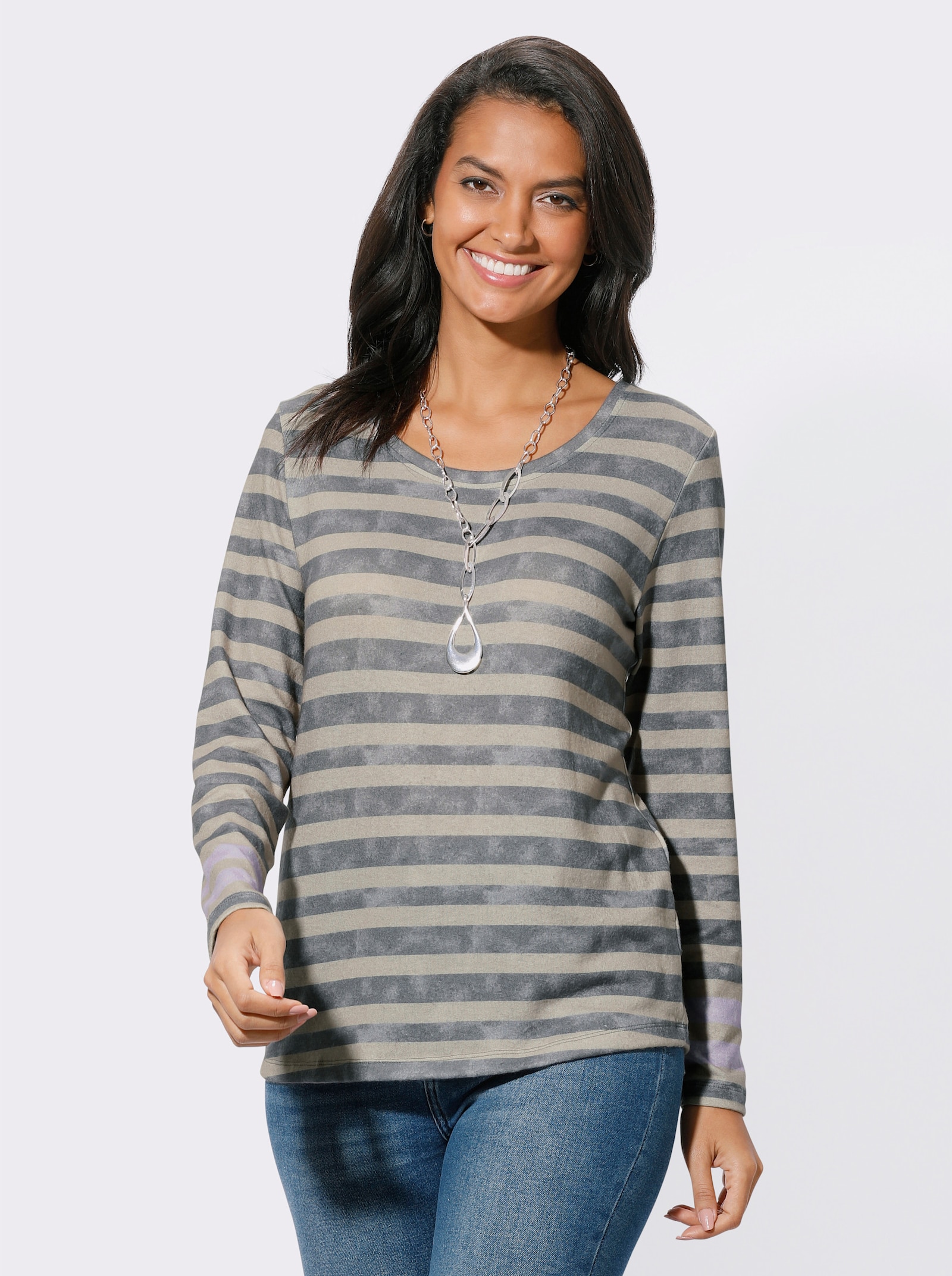 Ringelshirt mit leicht angerauter Aussenseite - beige-grau-geringelt