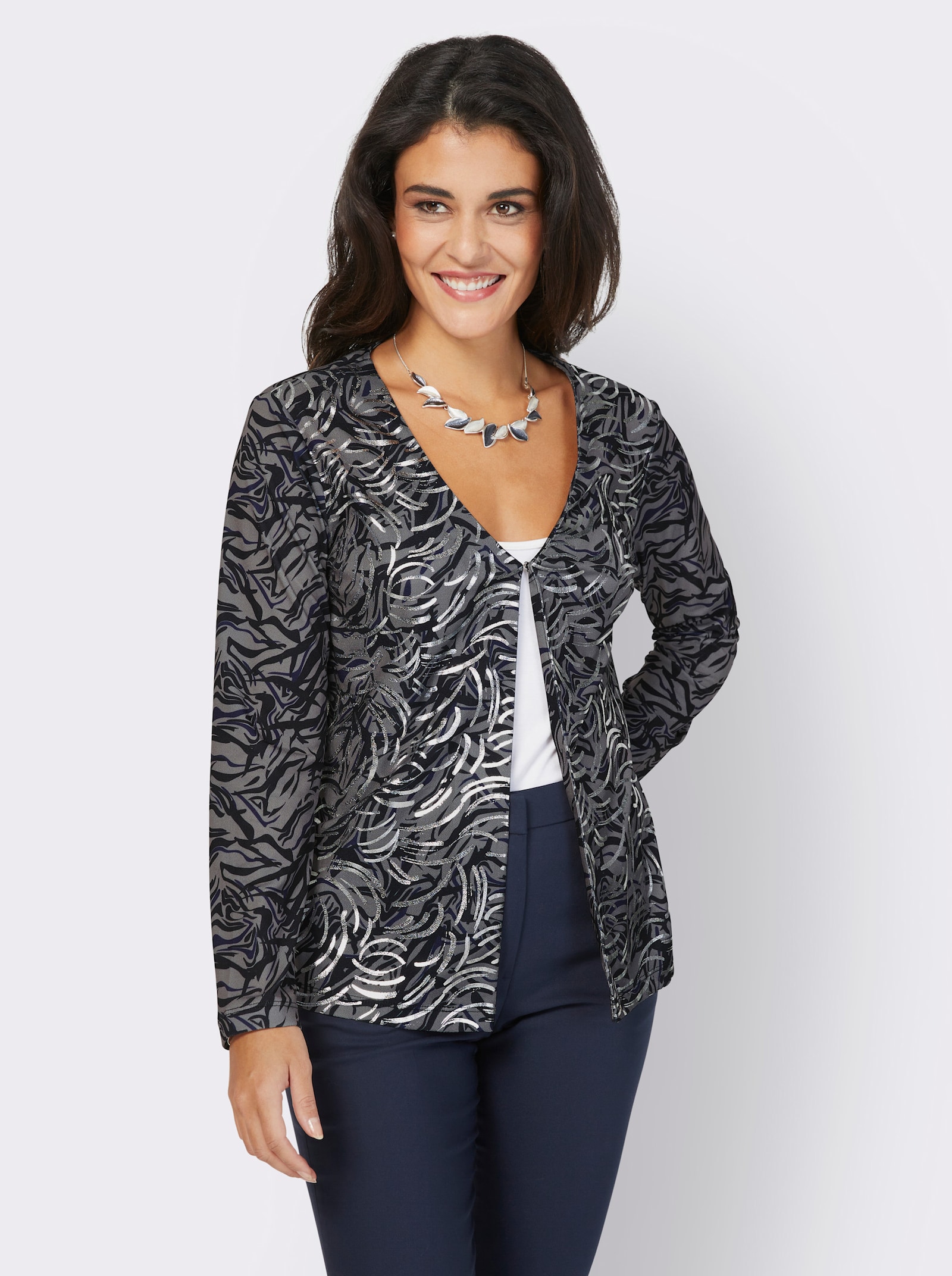 Shirtjasje met zilverkleurige folieprint - zwart/marine bedrukt