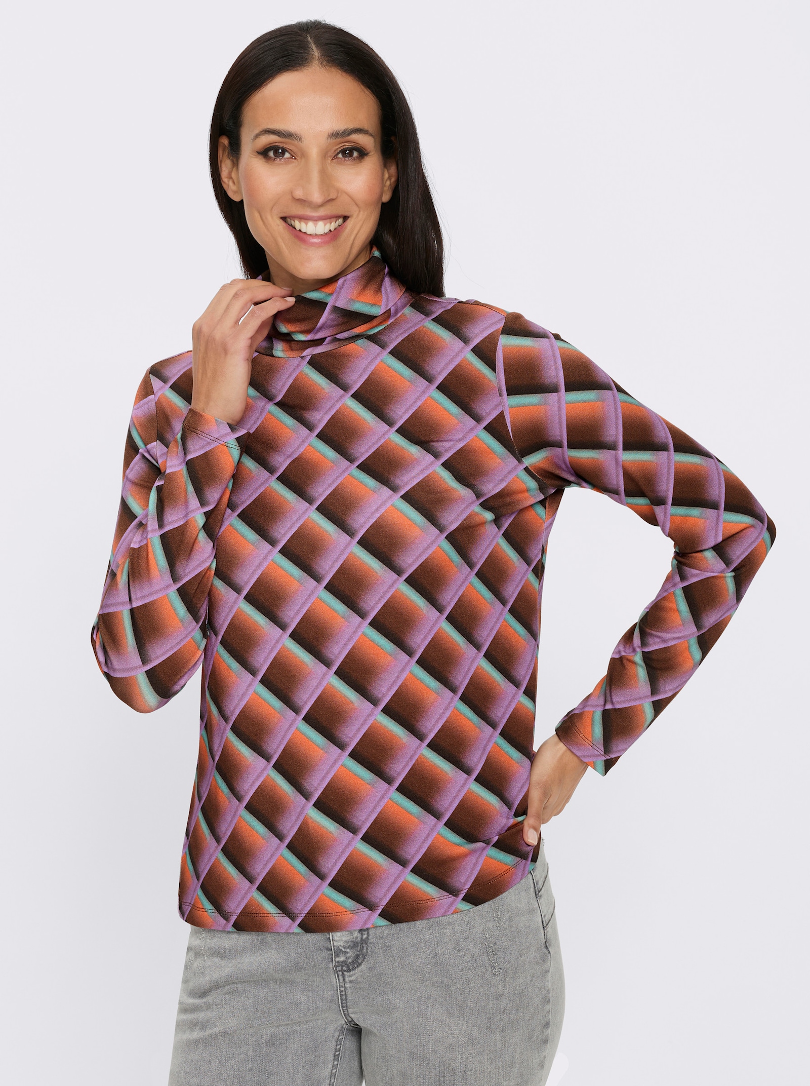 heine Rollkragenshirt mit Grafik-Dessin - lavendel-schoko-bedruckt