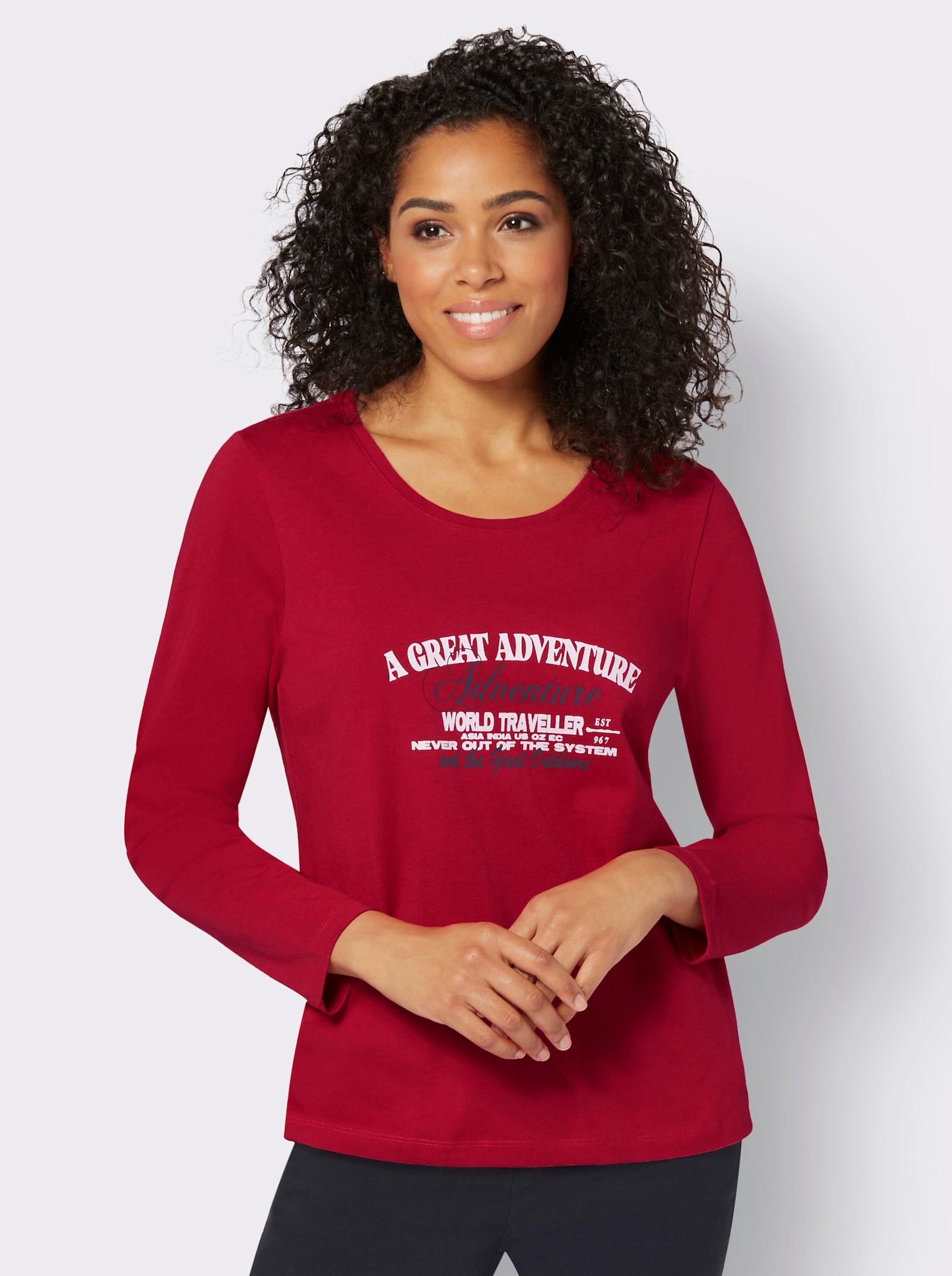  Langarmshirt mit Schriftzug - rot-ecru-bedruckt