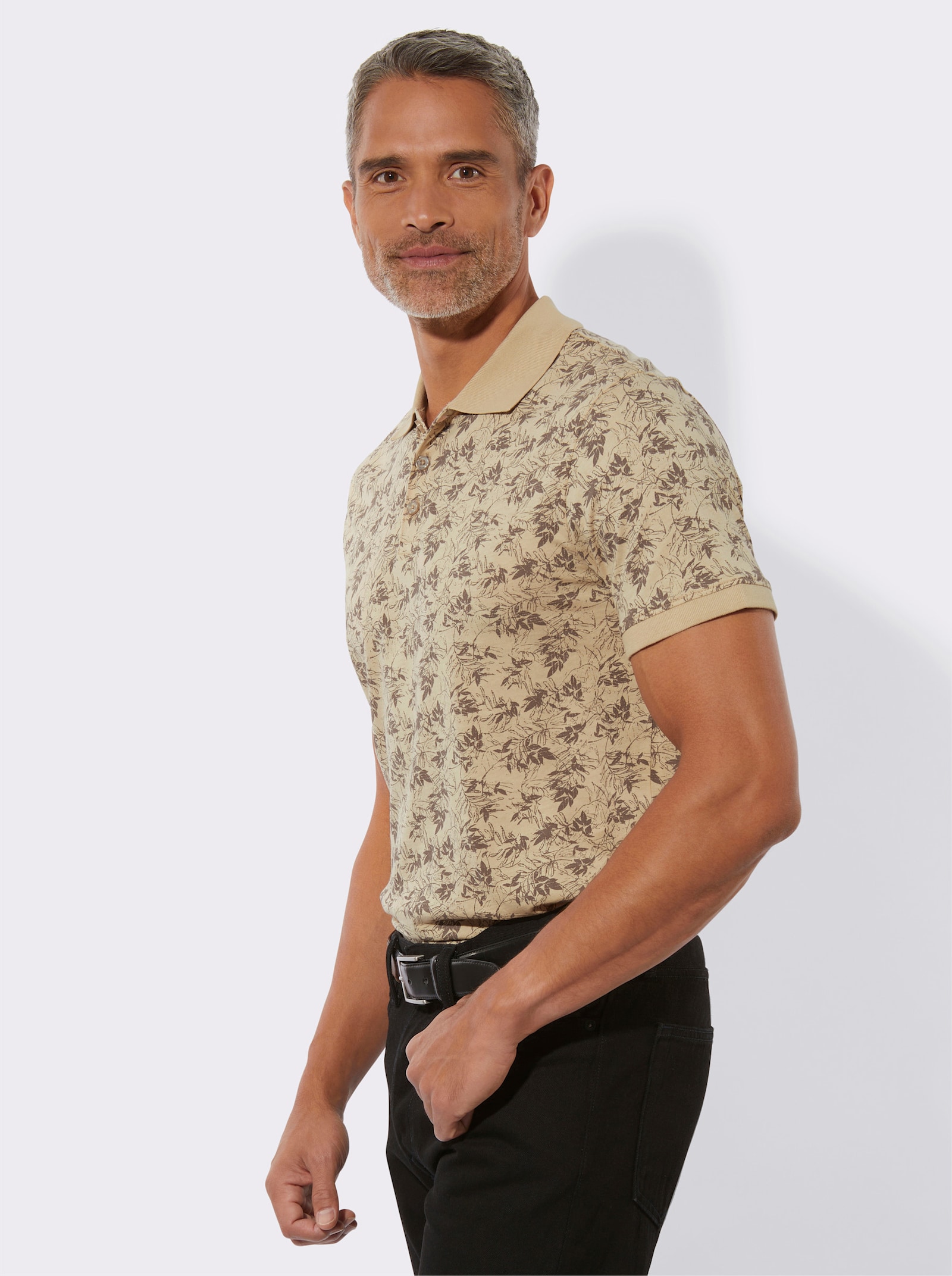 Pikétröja med bladtryck - sand-mörk mullvad-tryck